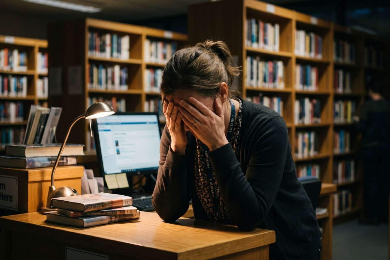 A distressed female library worker sits at a desk with her face in her hands, representing the emotional toll of workplace abuse.