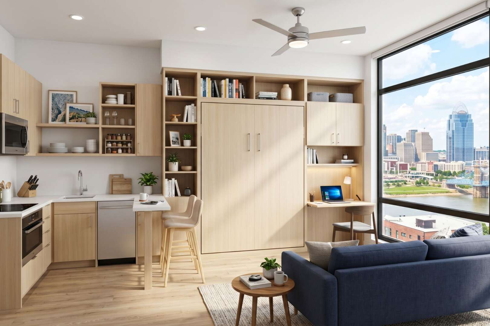 A bright, modern micro-apartment interior in Cincinnati featuring a compact kitchen, a multi-functional living space, and a large window with city skyline views.
