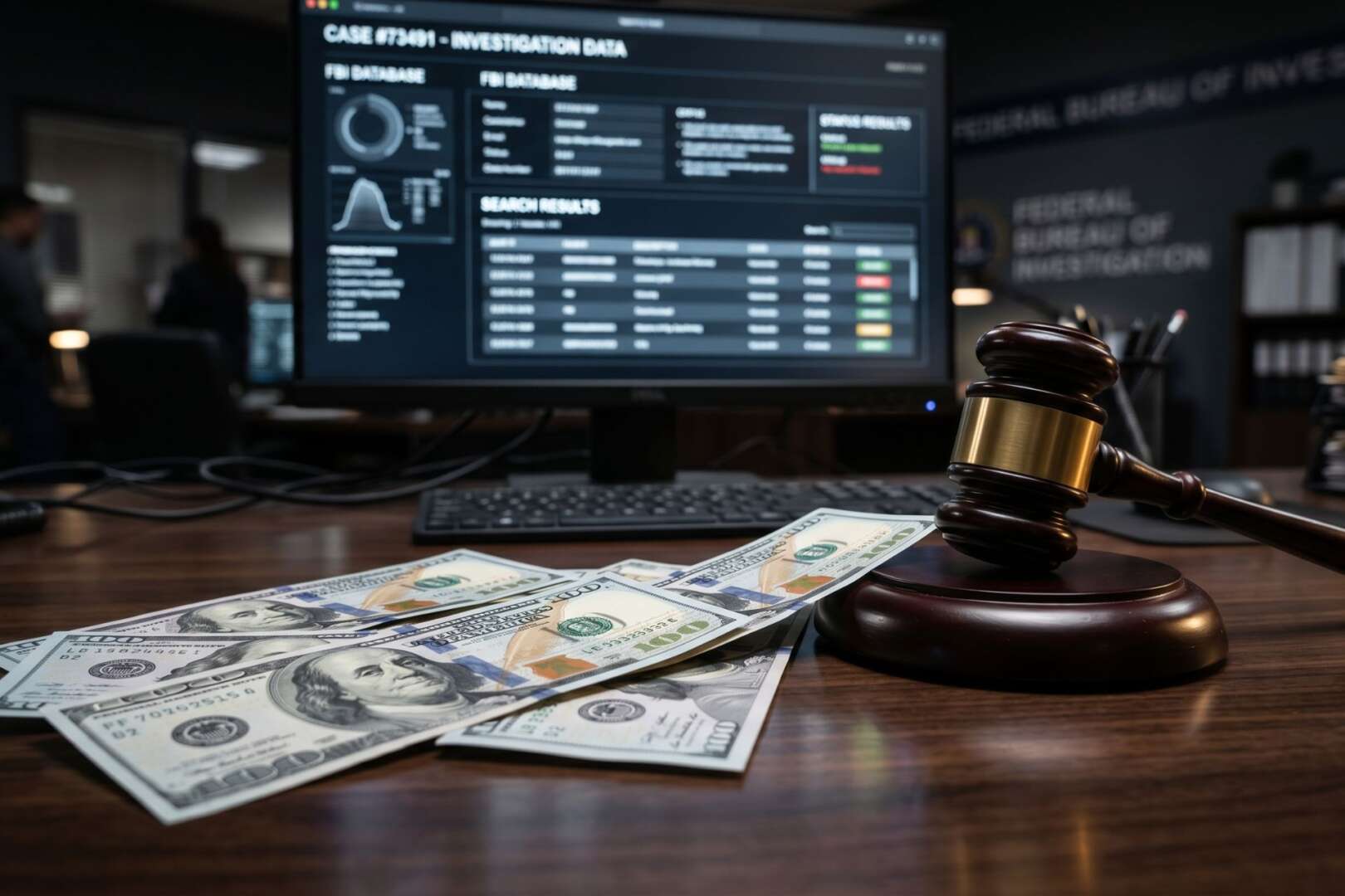 A wooden judge's gavel and scattered hundred-dollar bills resting on a desk in front of a computer monitor displaying digital data and financial charts.