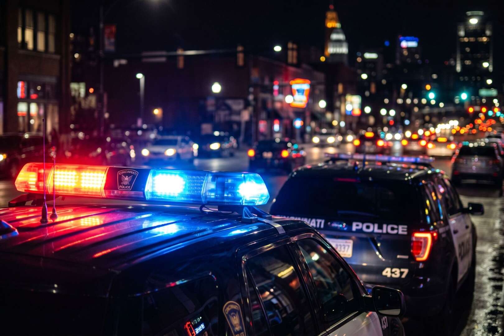 A nighttime street scene showing multiple police cruisers with red and blue emergency lights flashing.