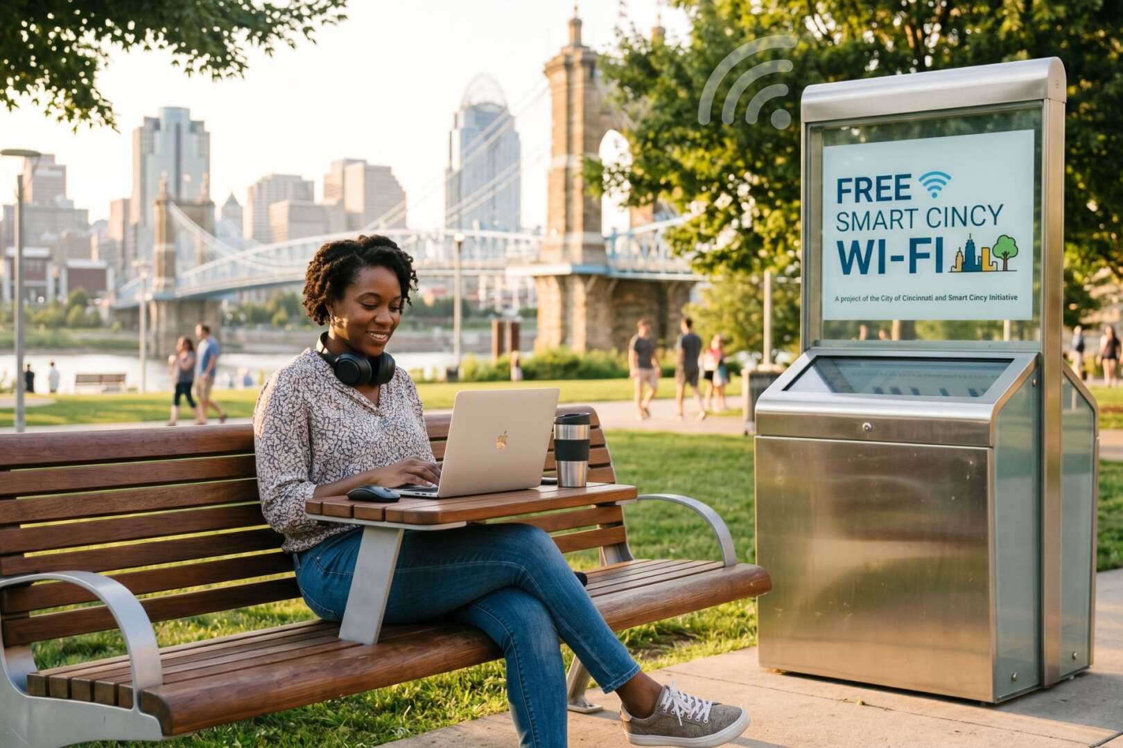 A woman working on a laptop on a park bench next to a Free Smart City Wi-Fi kiosk with the Cincinnati skyline in the background.