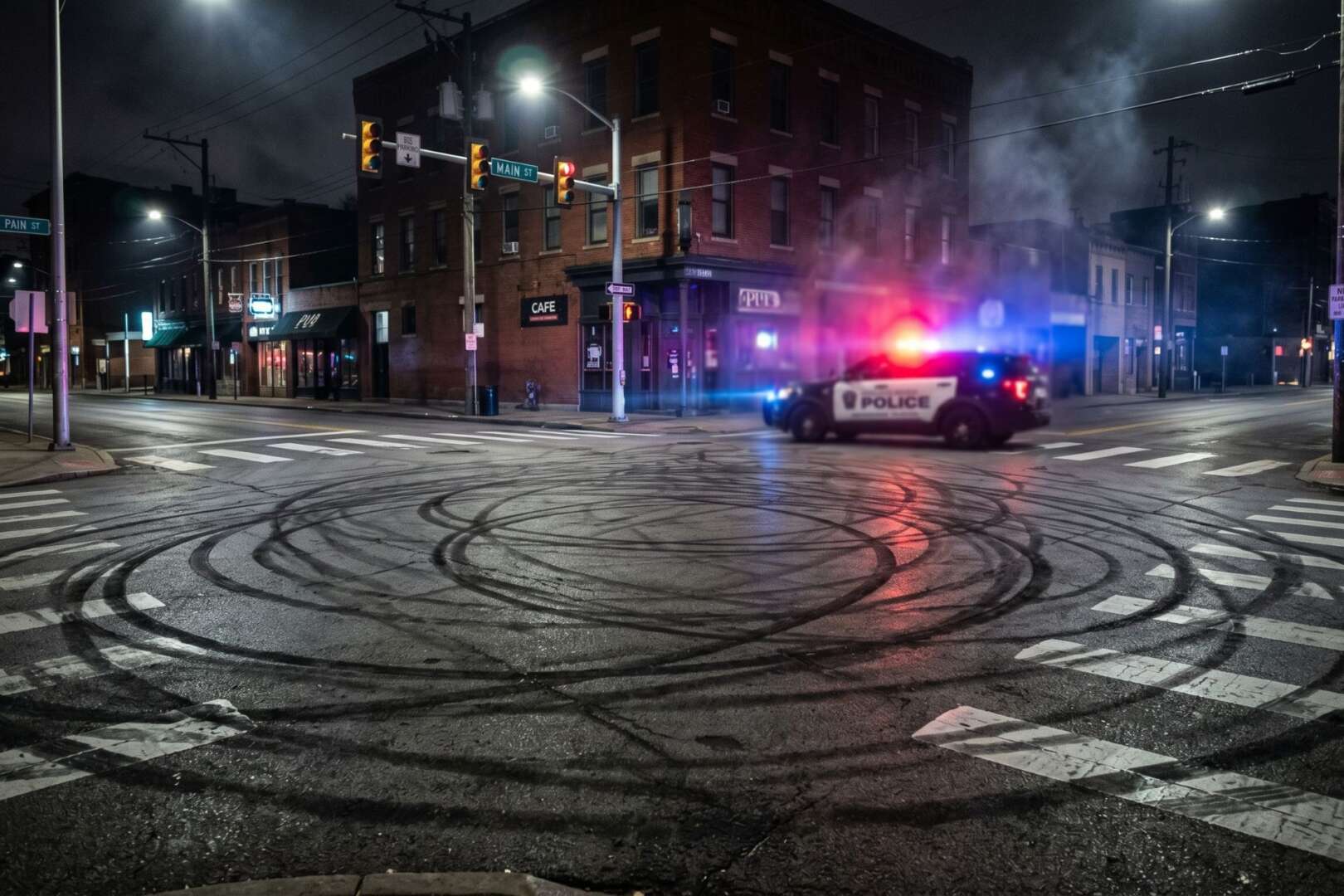 Circular tire skid marks cover a dark Cincinnati street intersection after an illegal street takeover, with a police cruiser flashing emergency lights in the smoky background.