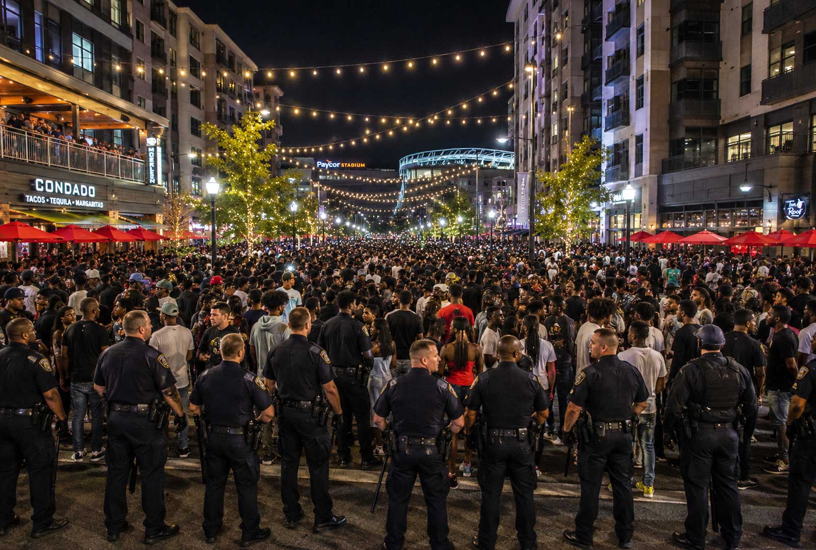 Teen takeovers and crowd control efforts at The Banks in downtown Cincinnati as police officers monitor a large gathering.