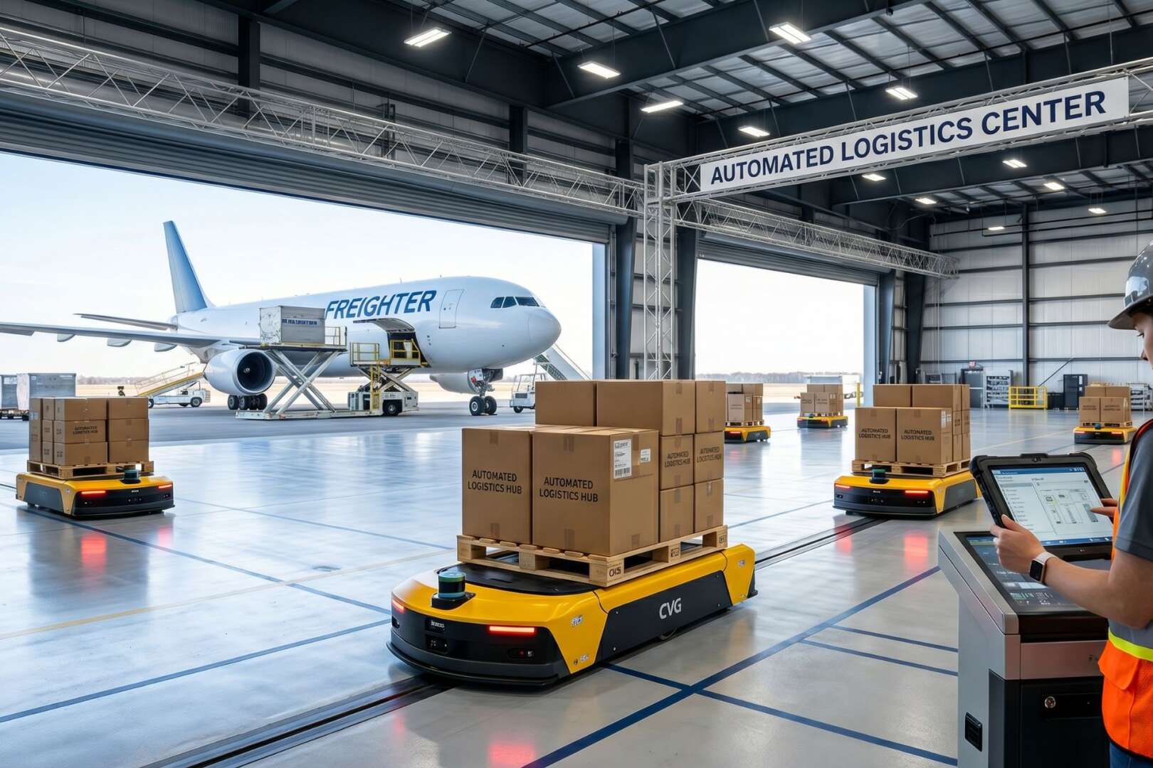 Autonomous mobile robots transporting cardboard boxes in a modern aviation logistics warehouse.