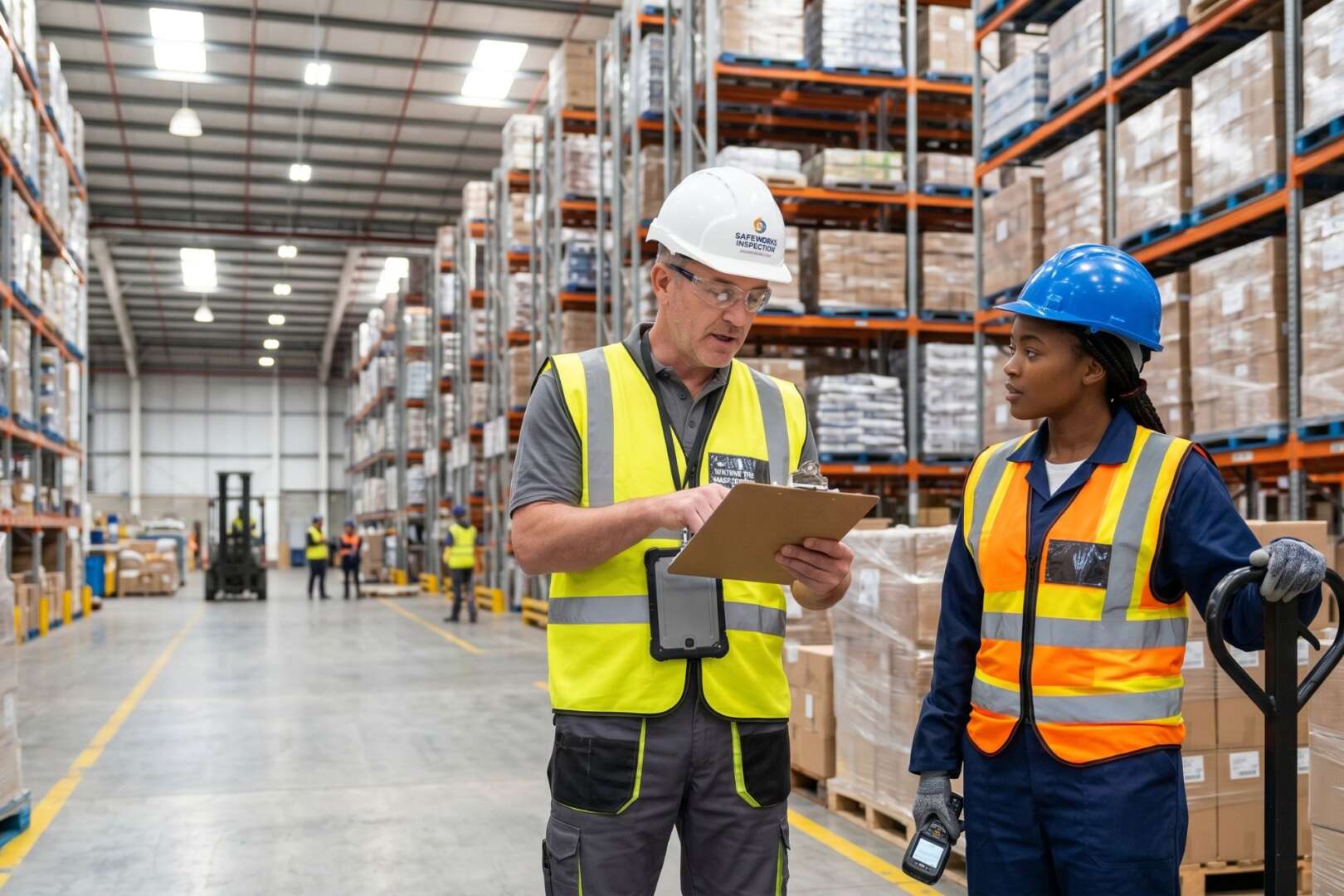 Warehouse safety manager conducting a compliance audit with a logistics worker in a Cincinnati distribution center.