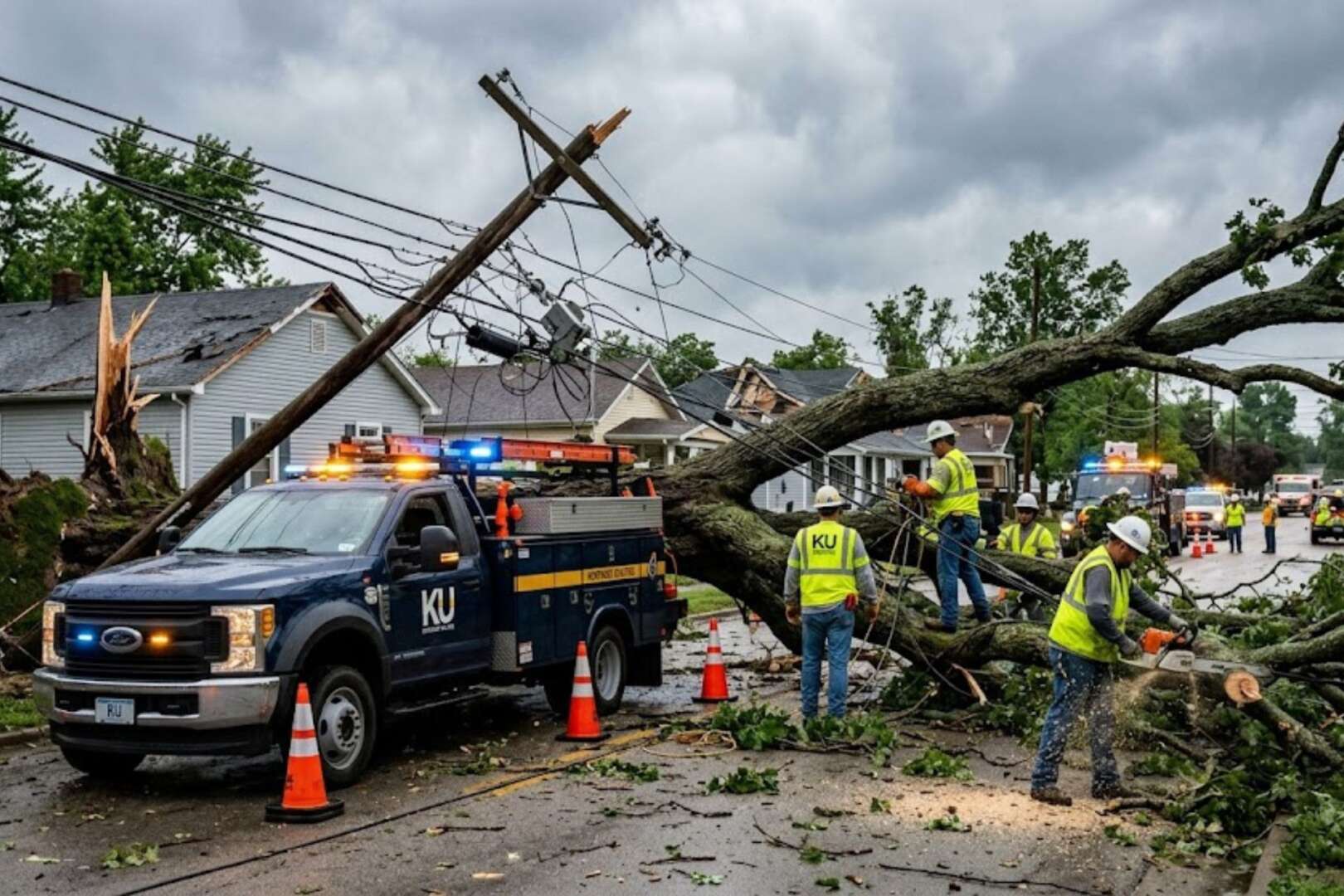 Utility workers and a utility truck clear a large fallen tree and downed power lines from a residential street following a severe storm.