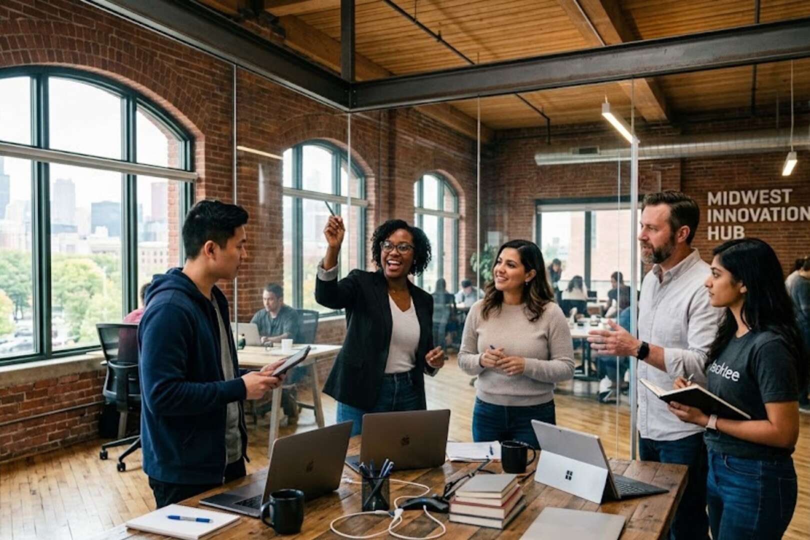 A group of five diverse young professionals collaborating around a large data monitor in a modern 'Midwest Innovation Hub' co-working space, with one woman pointing at the screen. The office has exposed brick walls and large windows with a city view.