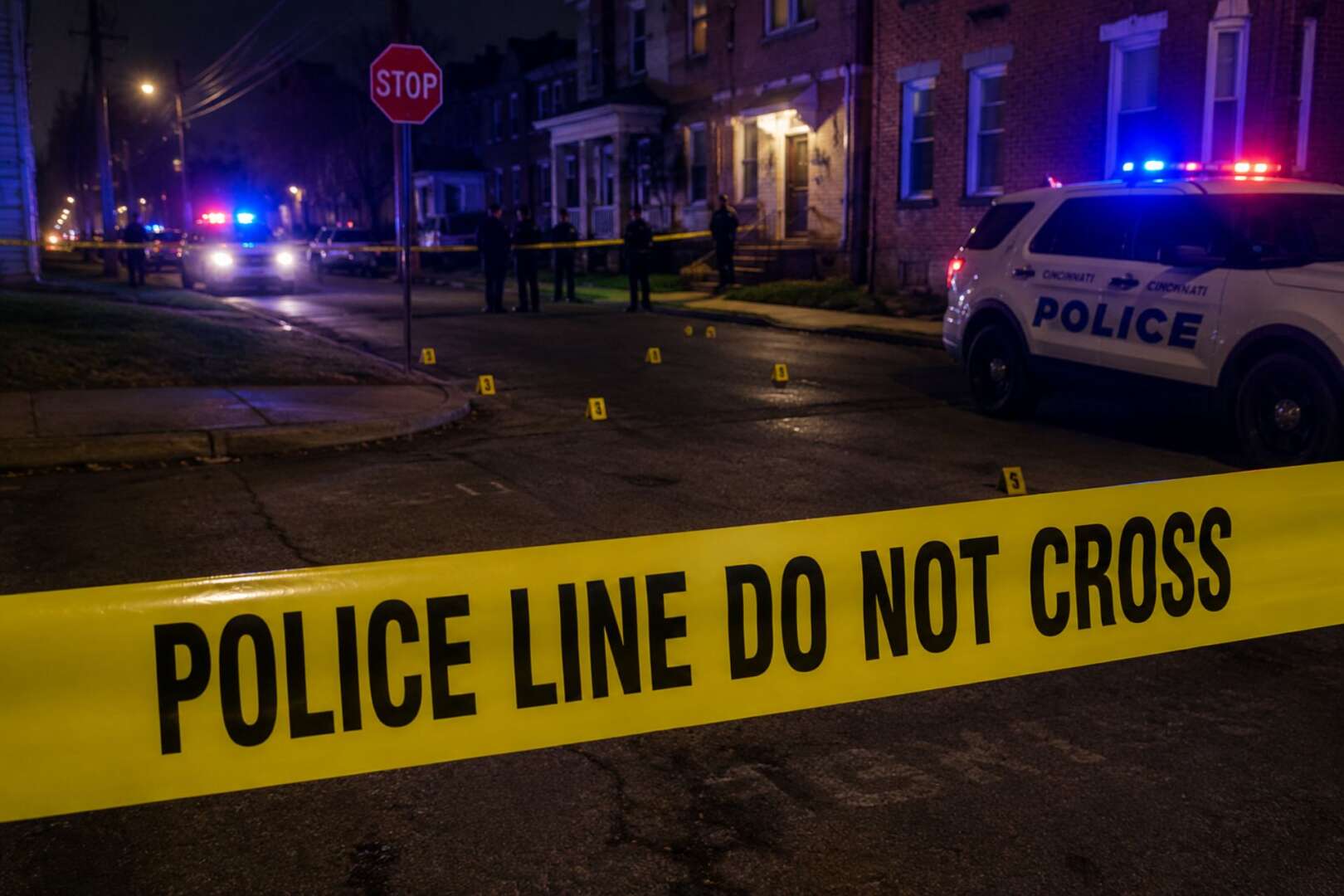 Yellow police tape reading "POLICE LINE DO NOT CROSS" blocks a street at night in Cincinnati's Clifton neighborhood, with flashing police car lights in the background.