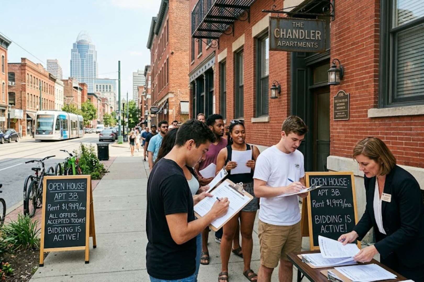 A group of prospective tenants gathering outside an apartment building on a city sidewalk, filling out rental application forms.