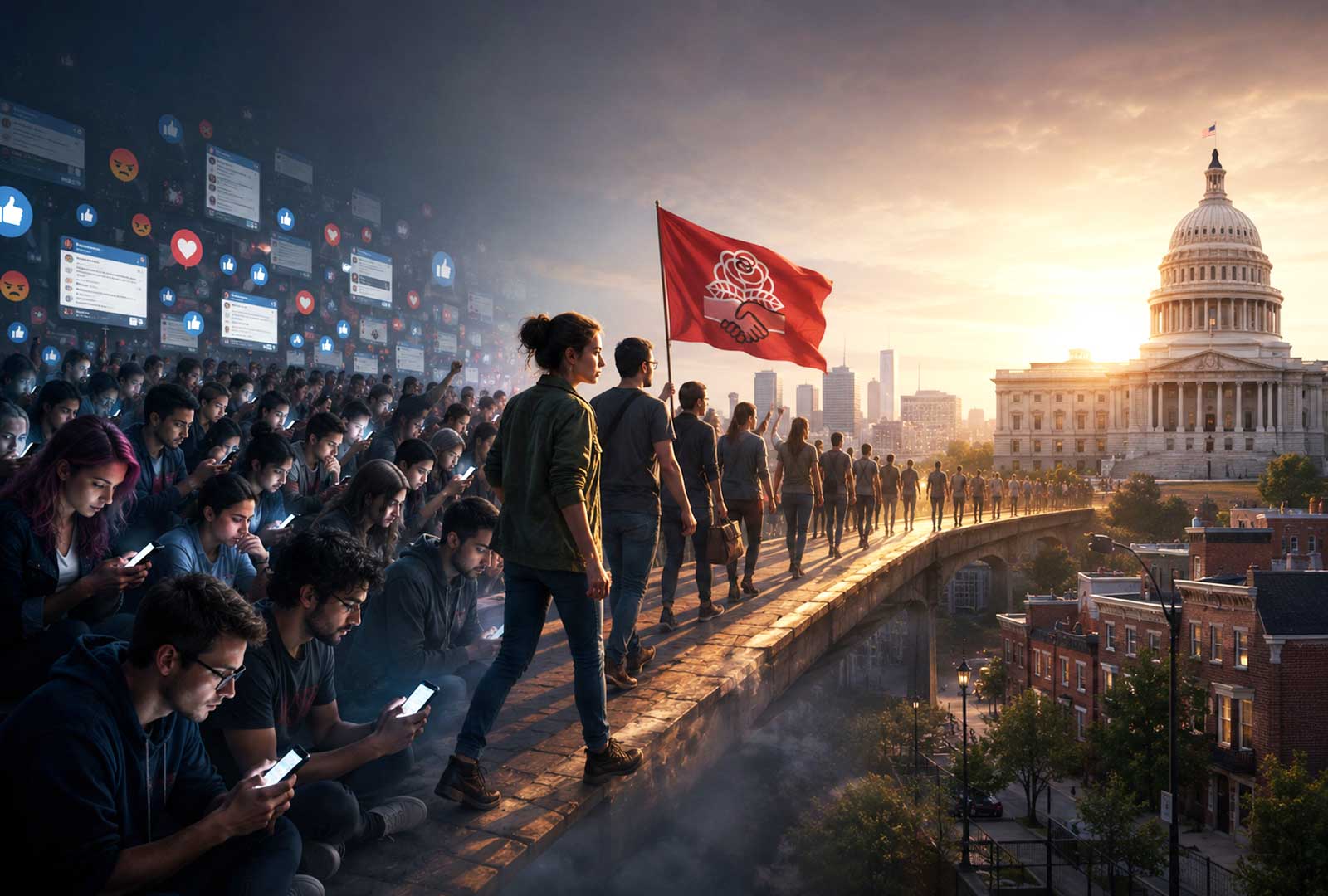 Cincinnati DSA crowds of young adults absorbed in social media transition toward organized political activism, symbolized by marchers carrying a red socialist flag toward a government building at sunrise.