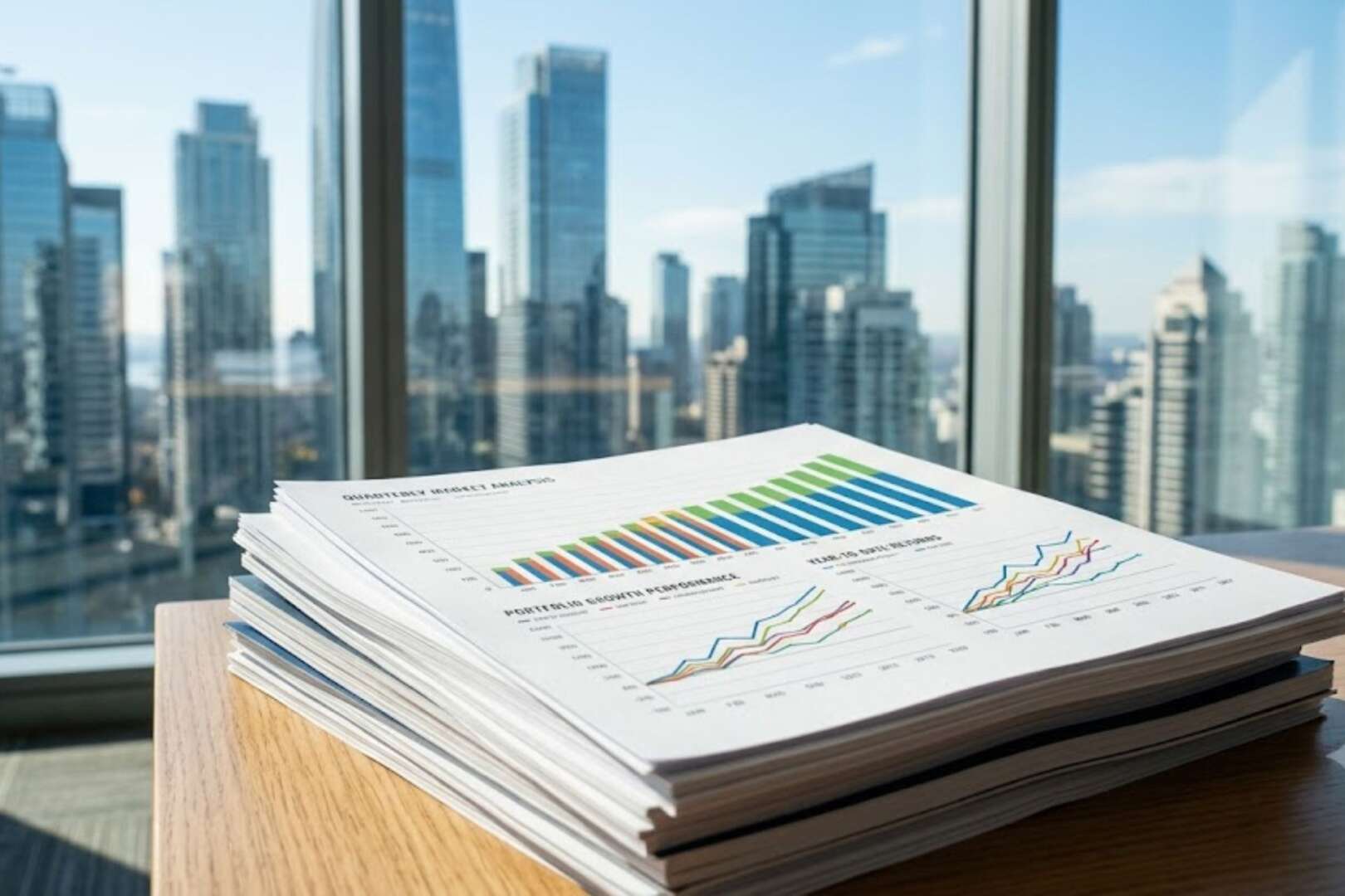 Stack of printed financial reports featuring a color chart on a wooden desk with a city skyline view.