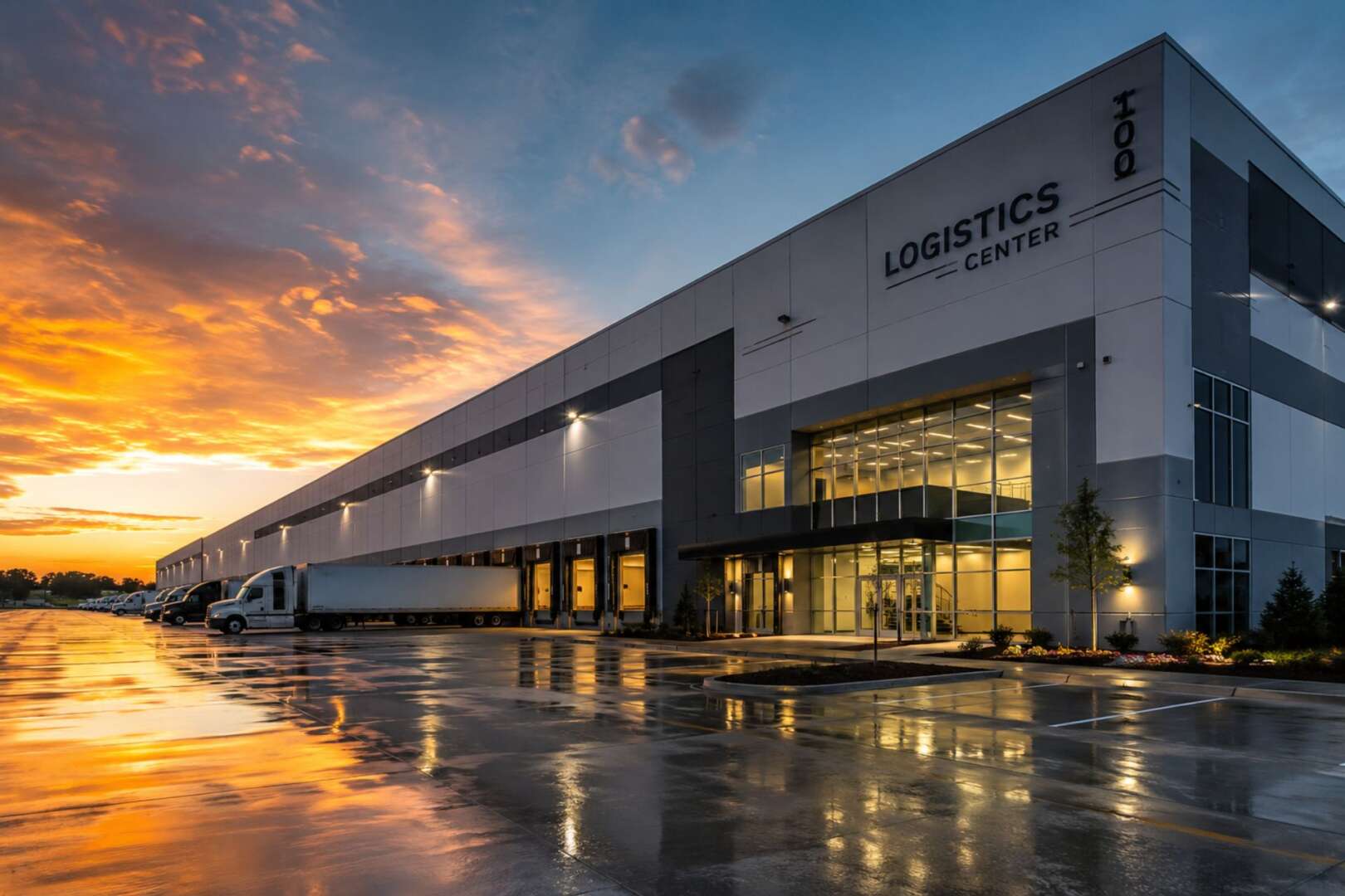 Exterior view of a modern industrial logistics facility at sunset, illustrating Cincinnati's industrial real estate market.