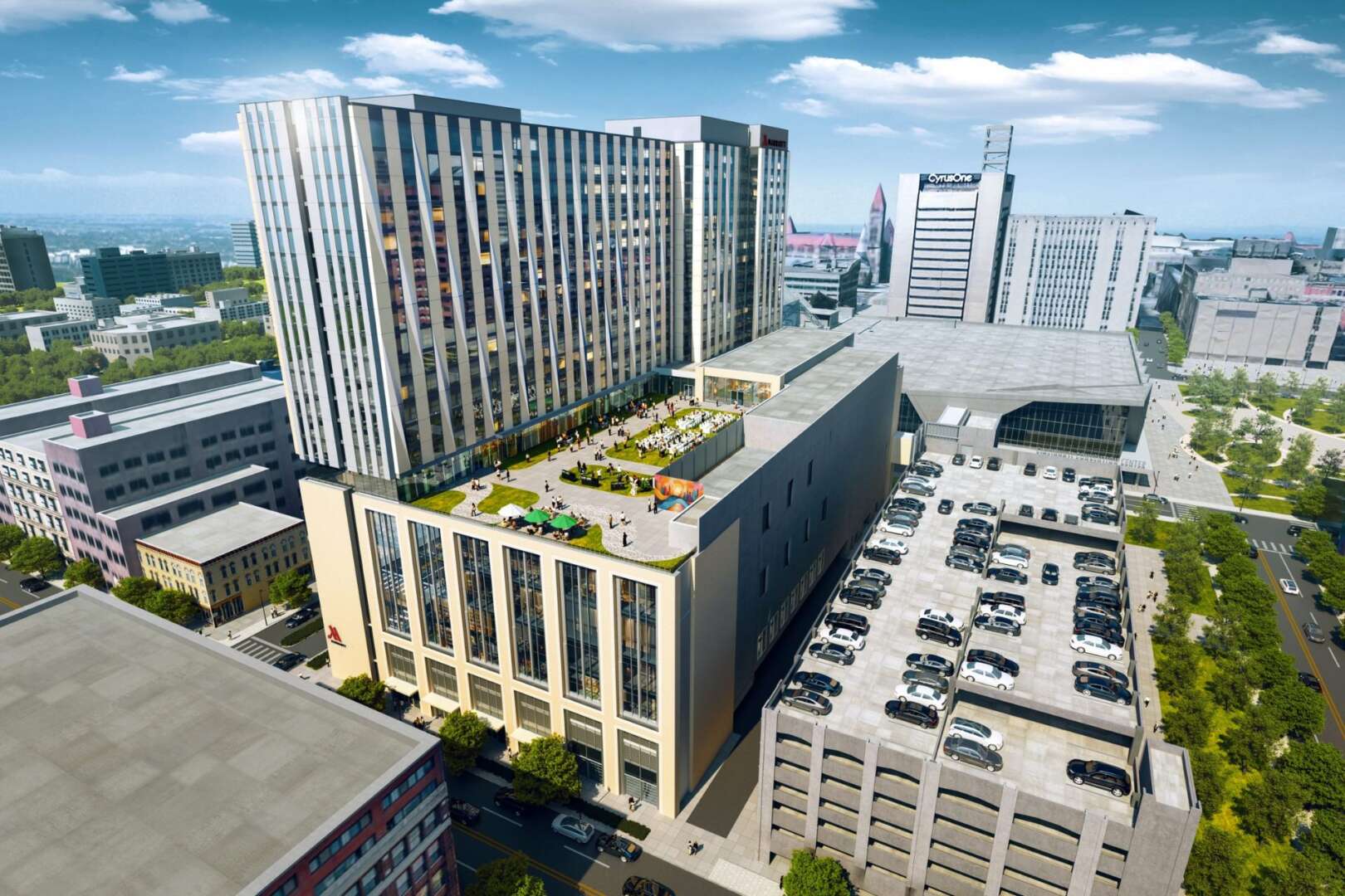 An aerial architectural rendering of the planned Cincinnati Marriott hotel, featuring a multi-story modern building with green rooftop terraces and an adjacent parking structure.
