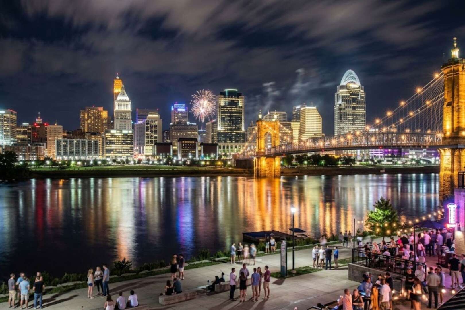 Vibrant Cincinnati skyline at night illuminated over the Ohio River, showing downtown city lights and bridges to illustrate nightlife economy growth.