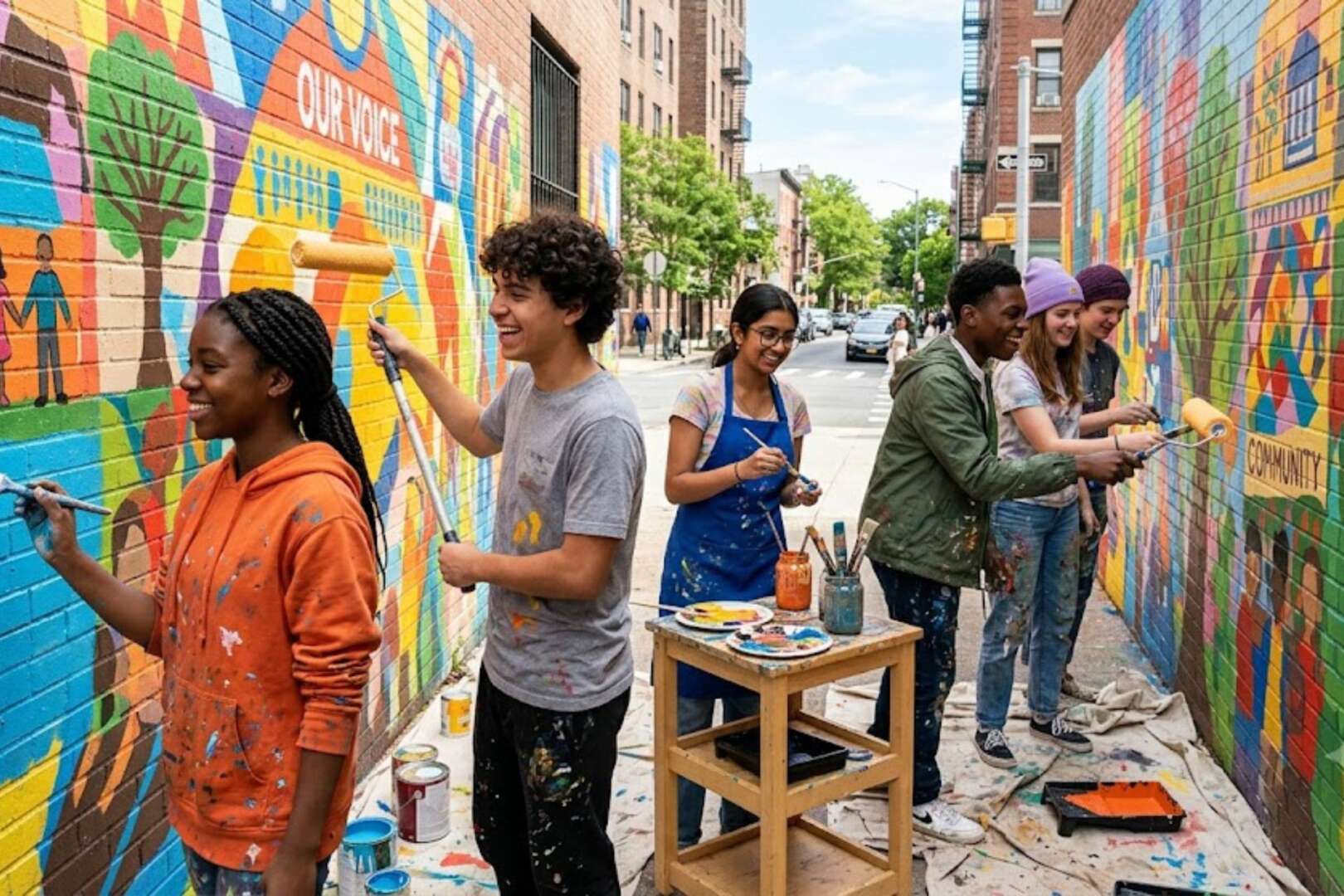 A diverse group of young adults collaborating to paint a vibrant, colorful mural on an outdoor urban wall.
