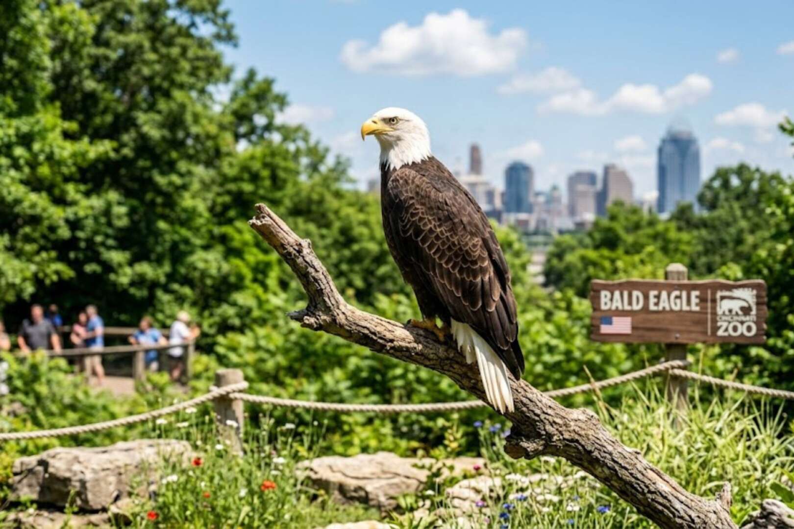 A bald eagle perched on a branch at the Cincinnati Zoo with the city skyline visible in the background.