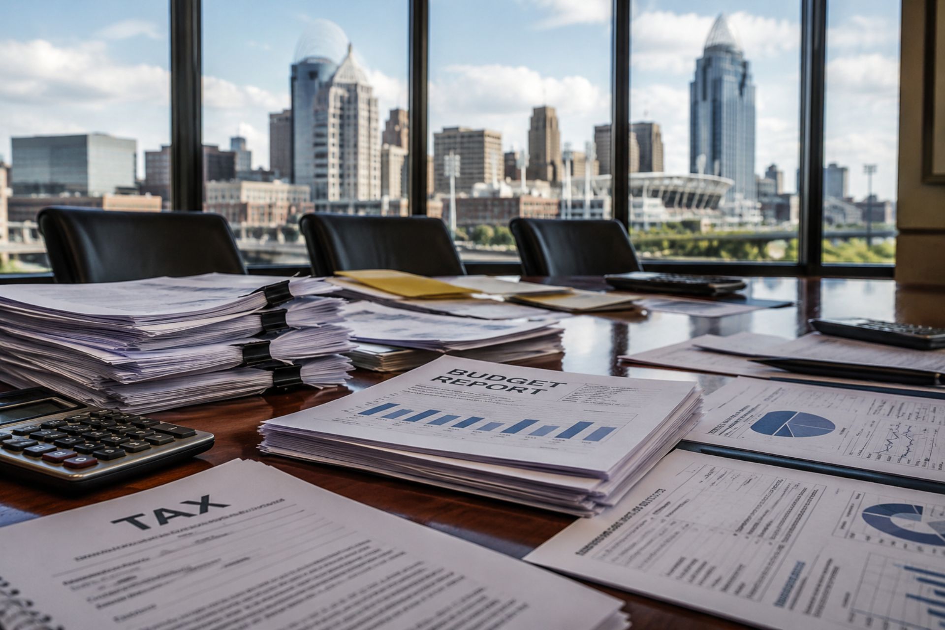 Financial tax documents and budget reports spread across a conference table with a city skyline visible through the window.