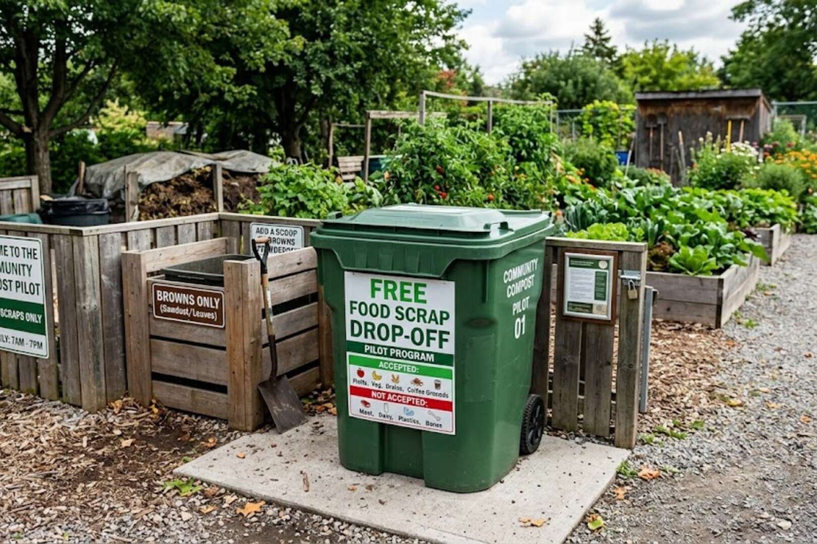 Community compost drop-off bin for free food scrap collection as part of Cincinnati’s community composting expansion.