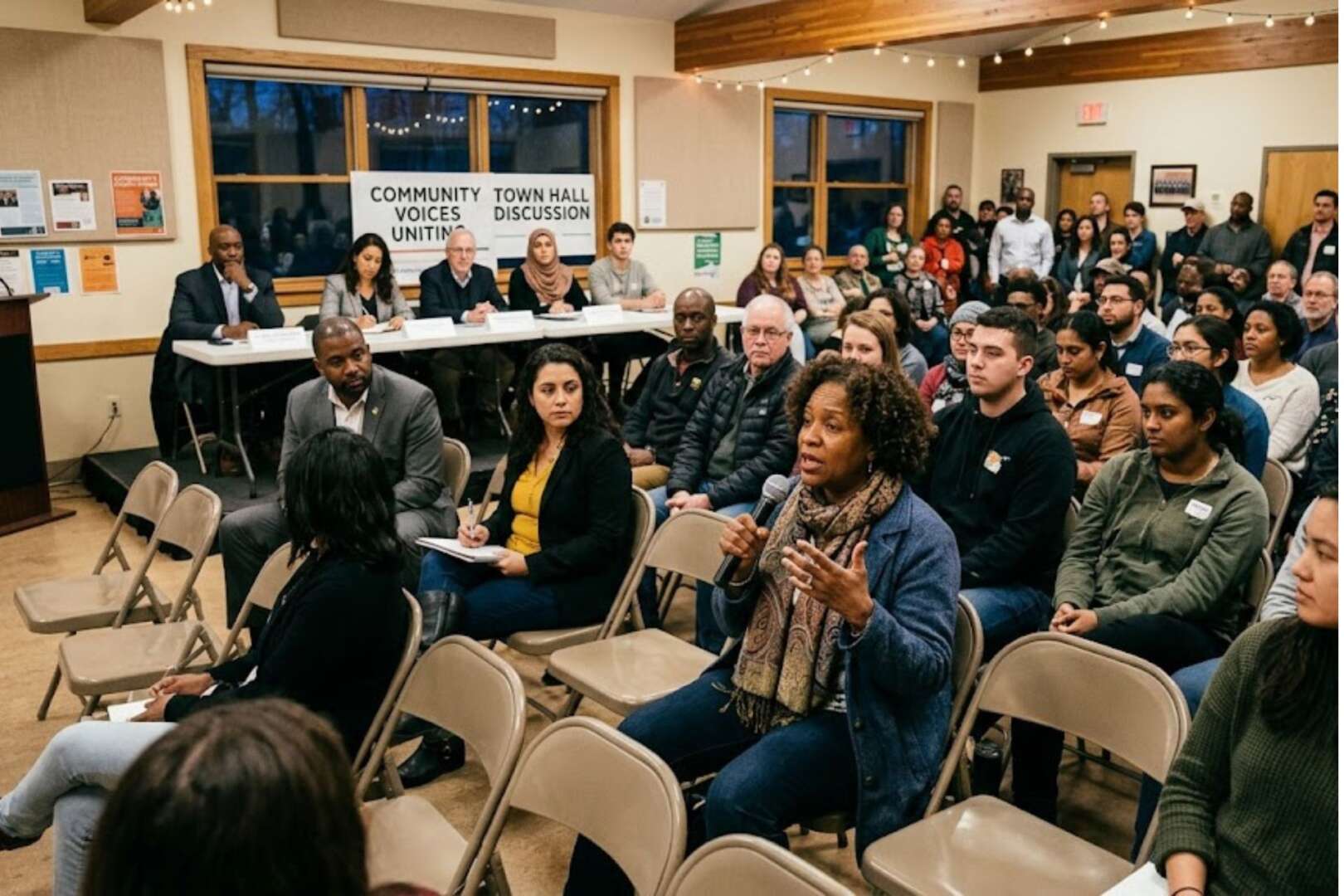 An audience sitting in rows of chairs during a community forum discussion, with a woman speaking from her seat.