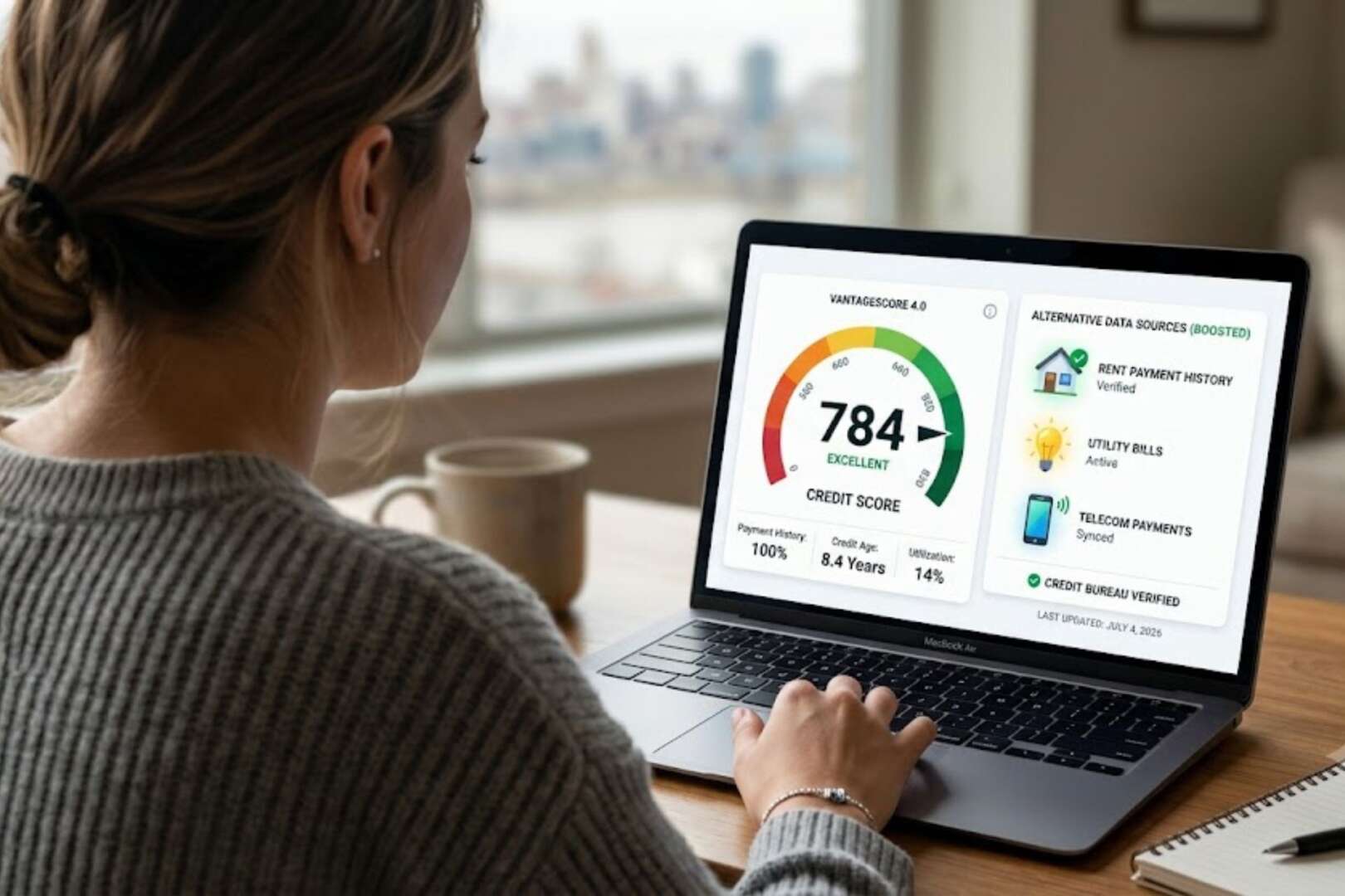 A woman from behind looking at a laptop screen displaying a high credit score gauge of 784 and financial data charts.