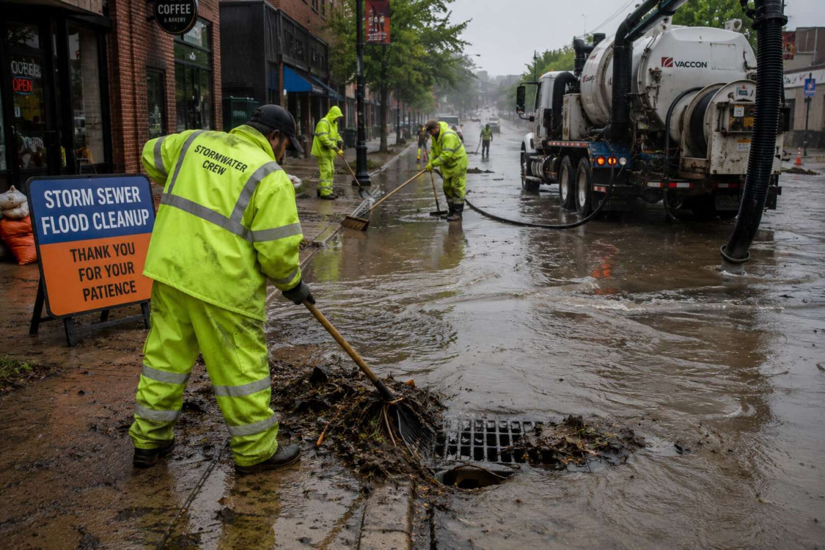 Workers in high-visibility yellow rain gear cleaning thick mud and floodwaters from a street in front of local businesses.
