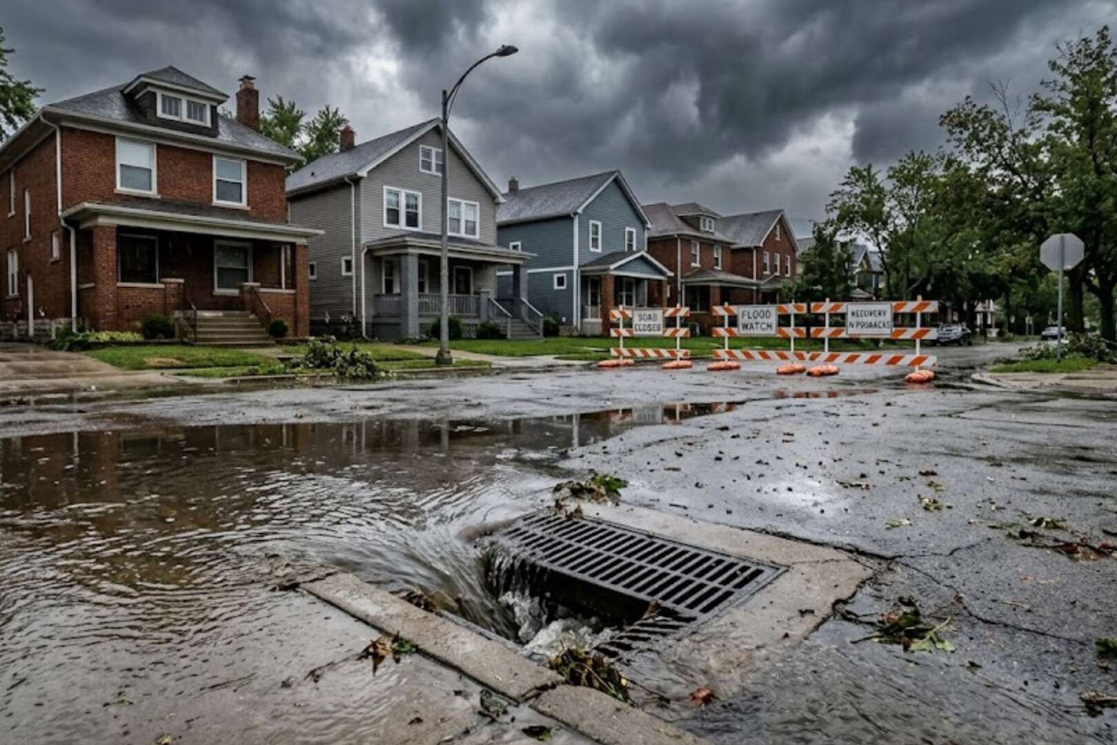 Muddy floodwater covering a residential street, overwhelming a storm drain in the foreground, with orange traffic barricades and houses in the background.