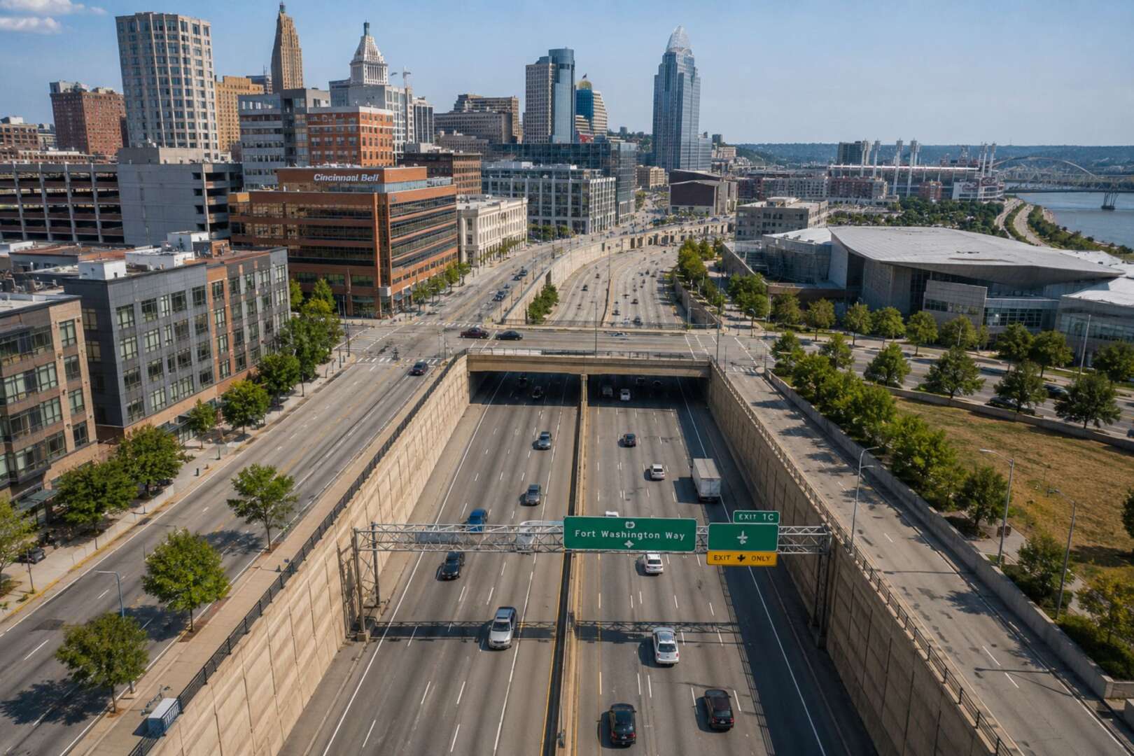 Aerial view of the Fort Washington Way highway trench in downtown Cincinnati.