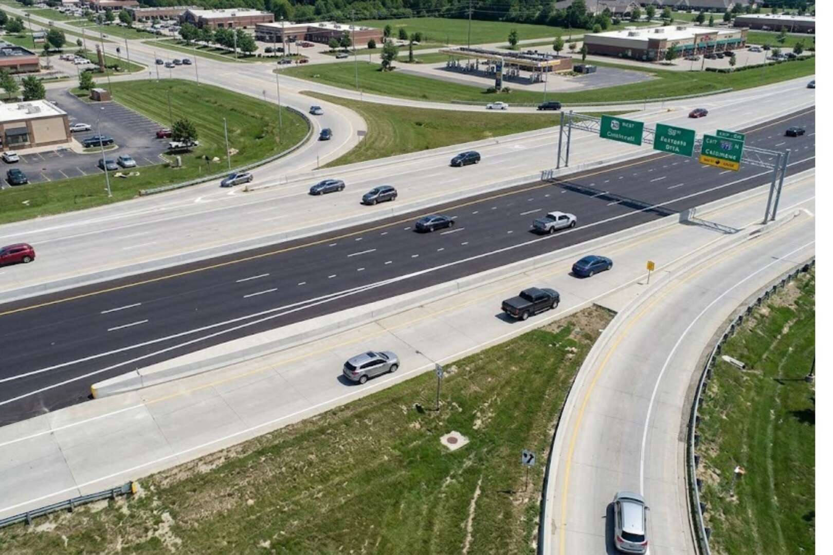Aerial view of the continuous Green T-intersection at State Route 32 and Interstate 275, showing the highway lanes and traffic flow designed for crash reduction.