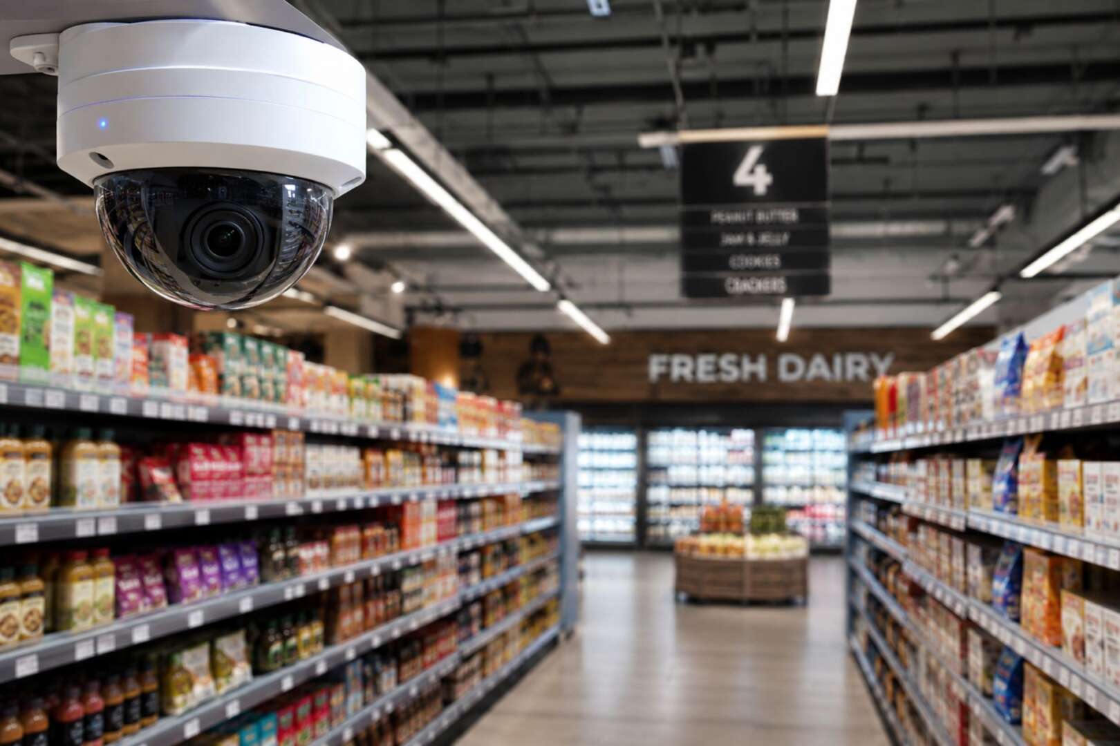 A security camera mounted on the ceiling overlooking a grocery store aisle with shelves stocked with food products.