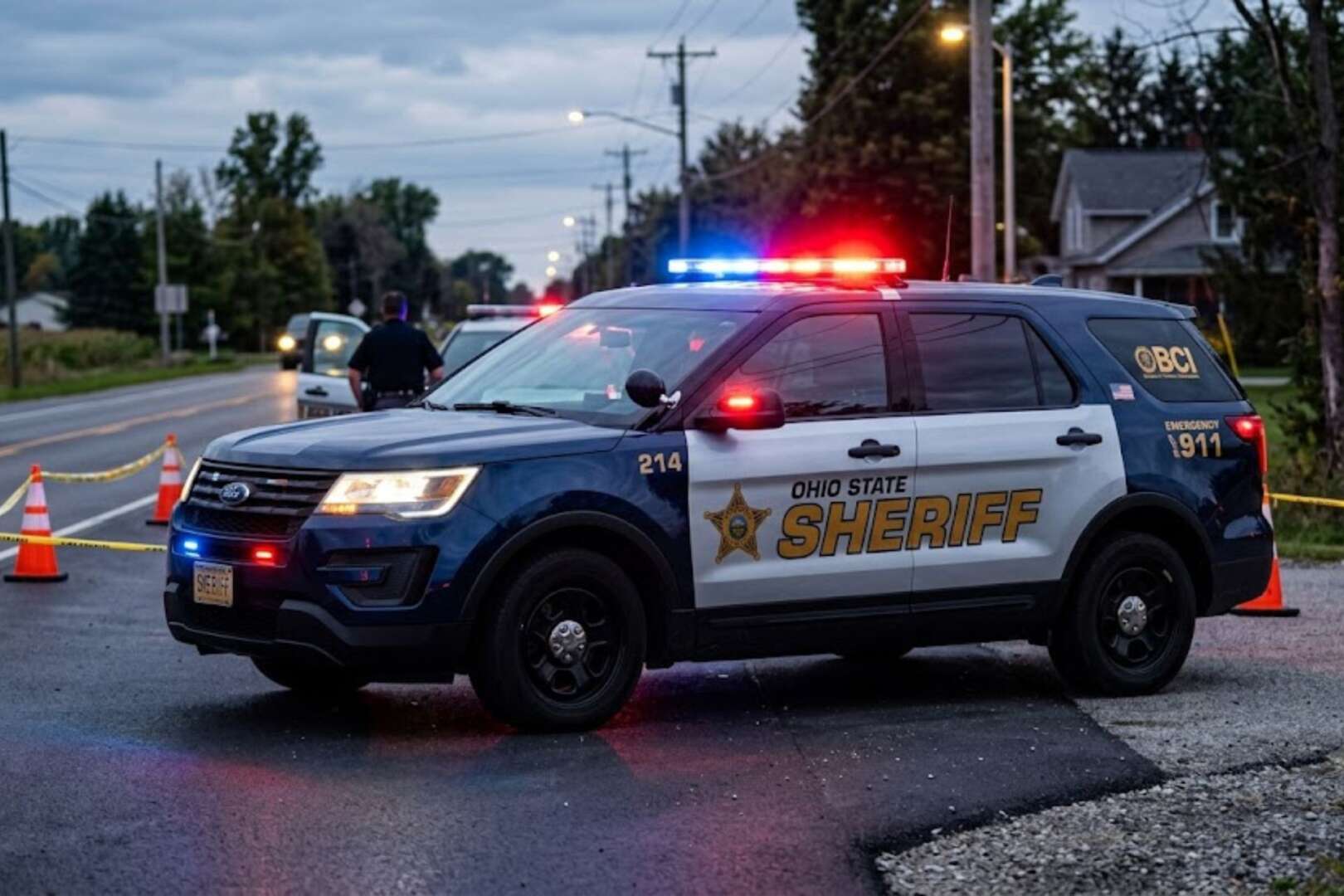 A police sheriff cruiser with its emergency red and blue lights flashing at a cordoned-off scene.