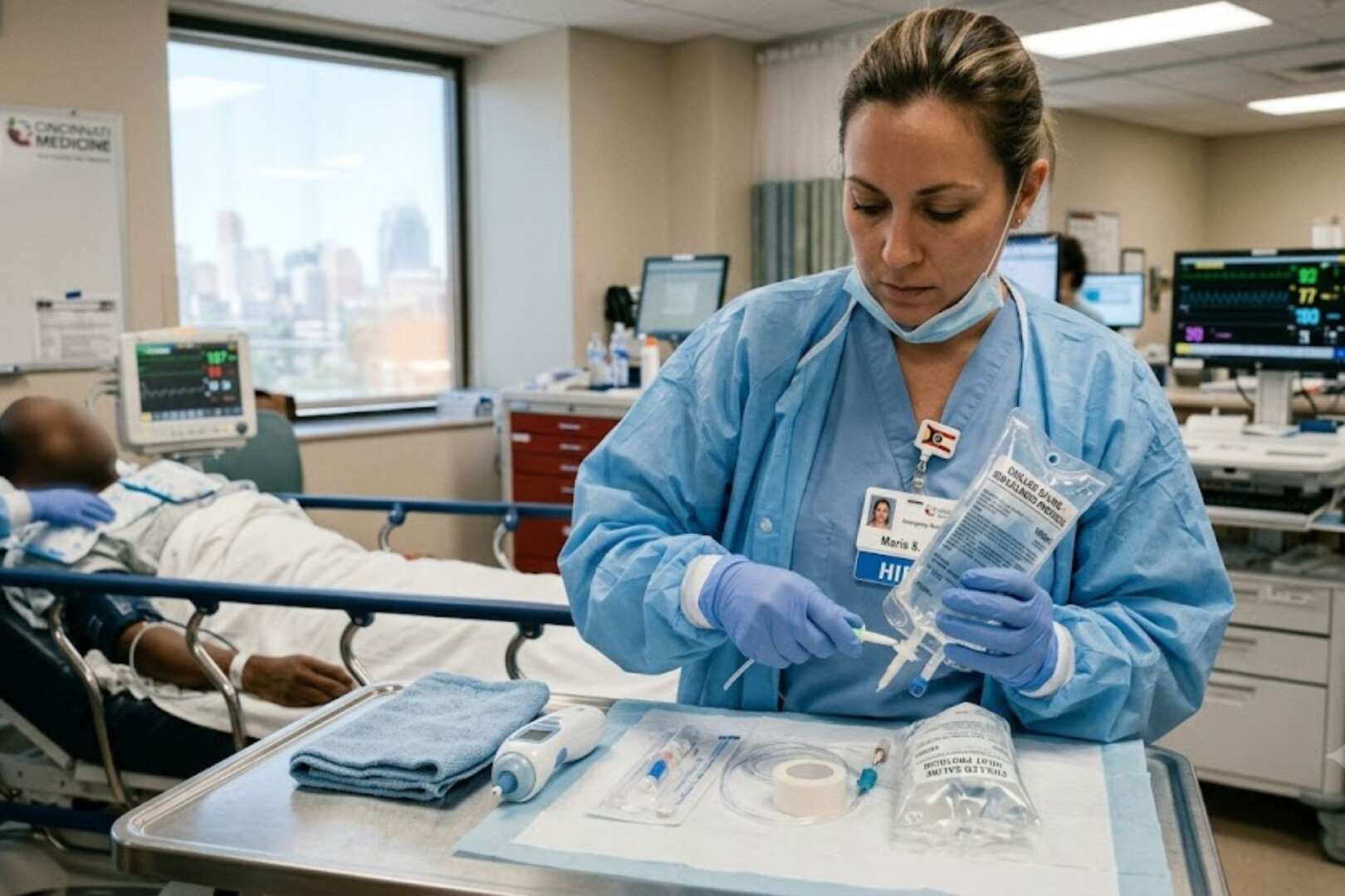 A female healthcare professional in blue surgical scrubs and a protective face mask prepares medical supplies or medication in a busy emergency department setting.