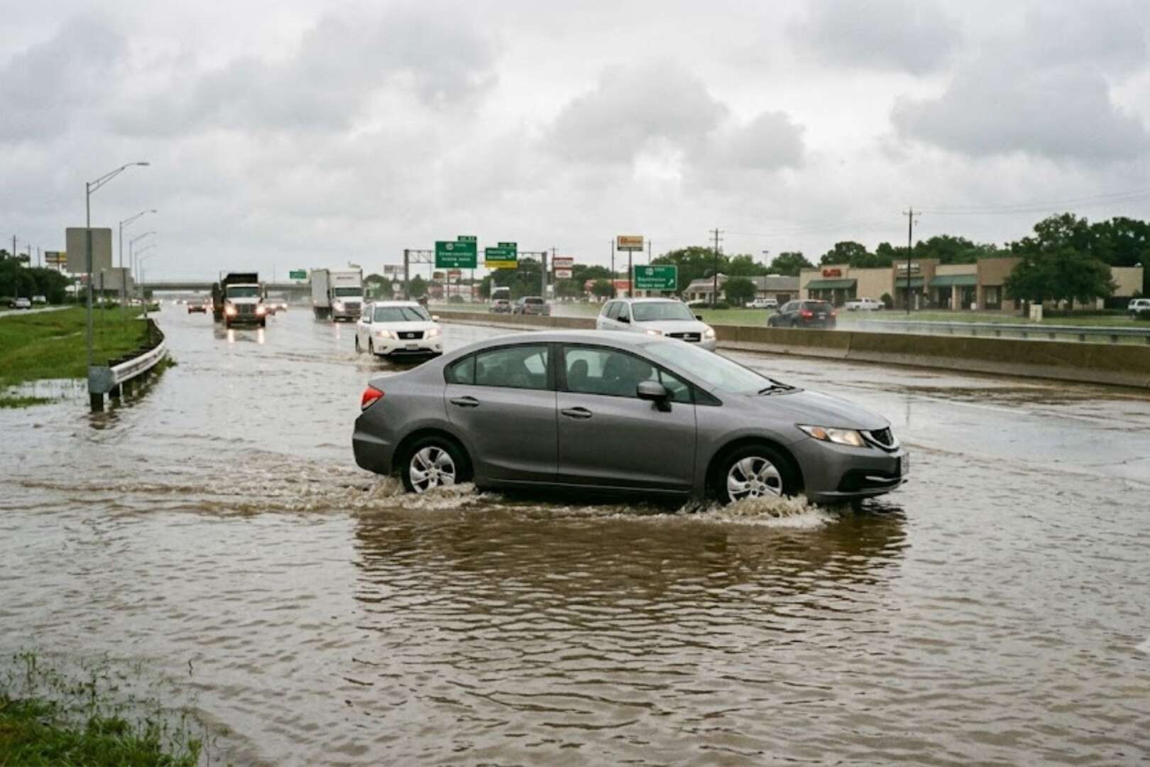 A dark gray sedan driving through deep floodwater on an interstate highway during a heavy rainstorm in Cincinnati. Several other cars are visible in the background, and there's a guardrail and trees on the right.