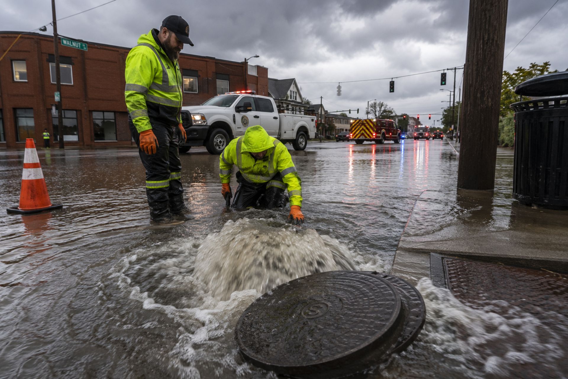 Two utility workers in high-visibility safety jackets servicing an open manhole on a flooded city street.