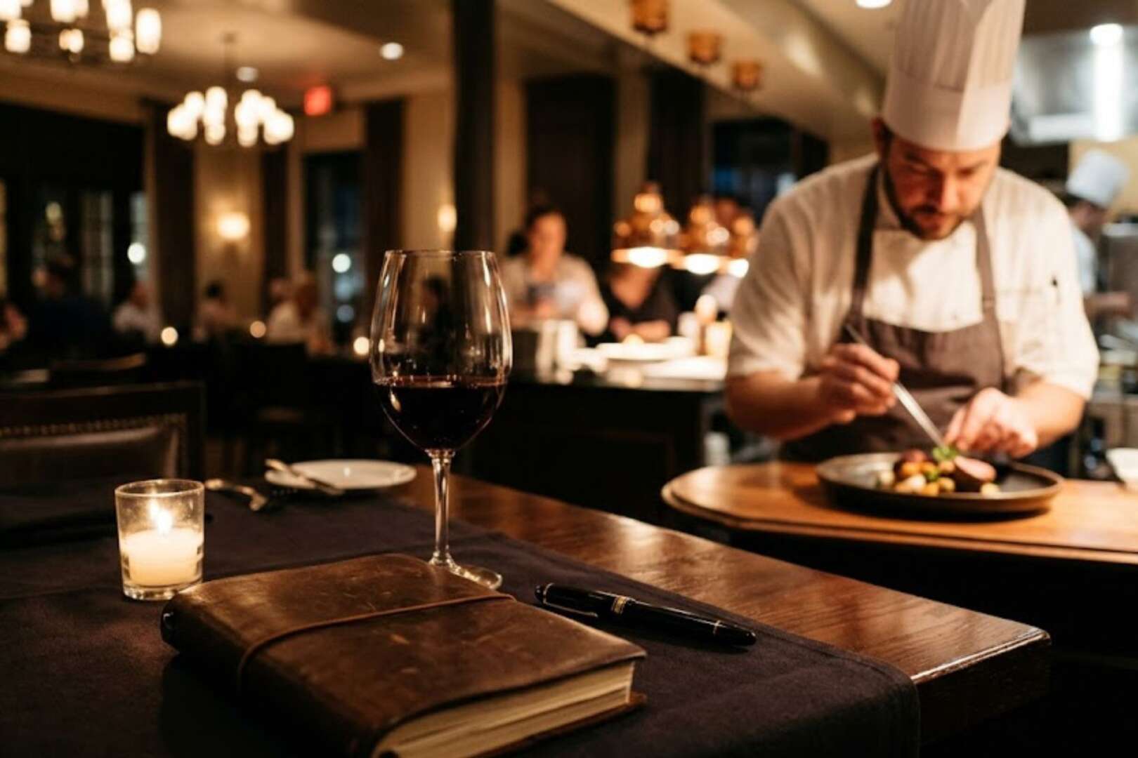 A chef in a white toque carefully plating a dish at a counter in a dimly lit fine-dining restaurant, next to an open notebook.