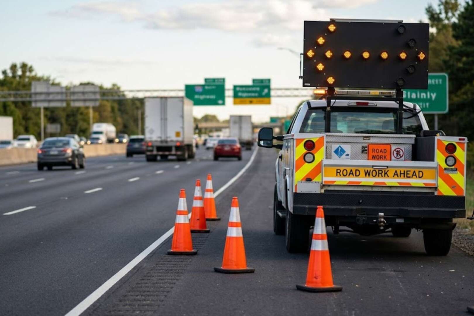 A maintenance truck with an illuminated arrow board and orange traffic cones blocking a lane on a highway.