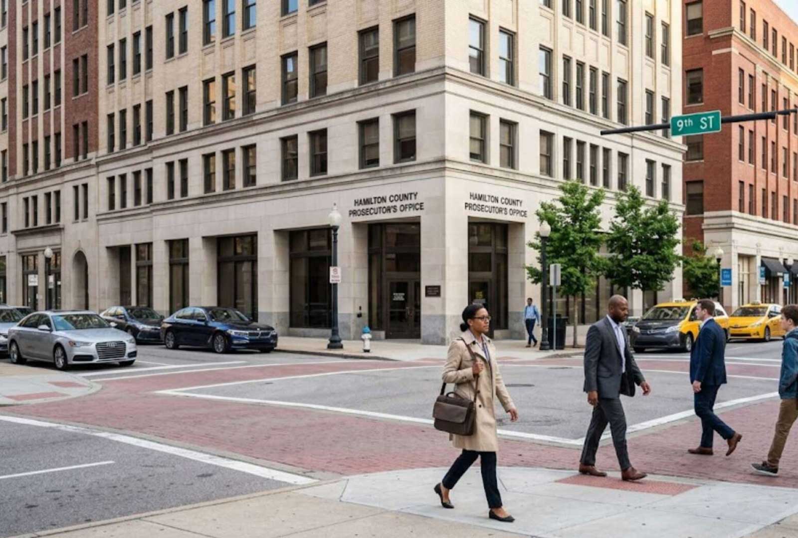 A street-level view of a wide pedestrian crosswalk in downtown Cincinnati, featuring tall stone buildings, several people walking, and a few cars in the background.