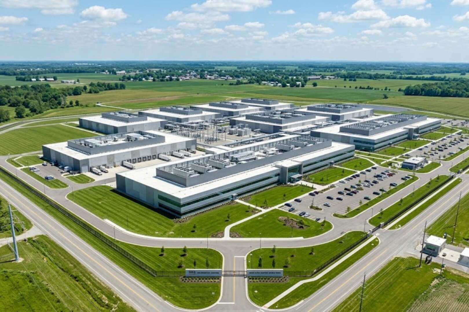 Aerial view of the massive Amazon data center complex.