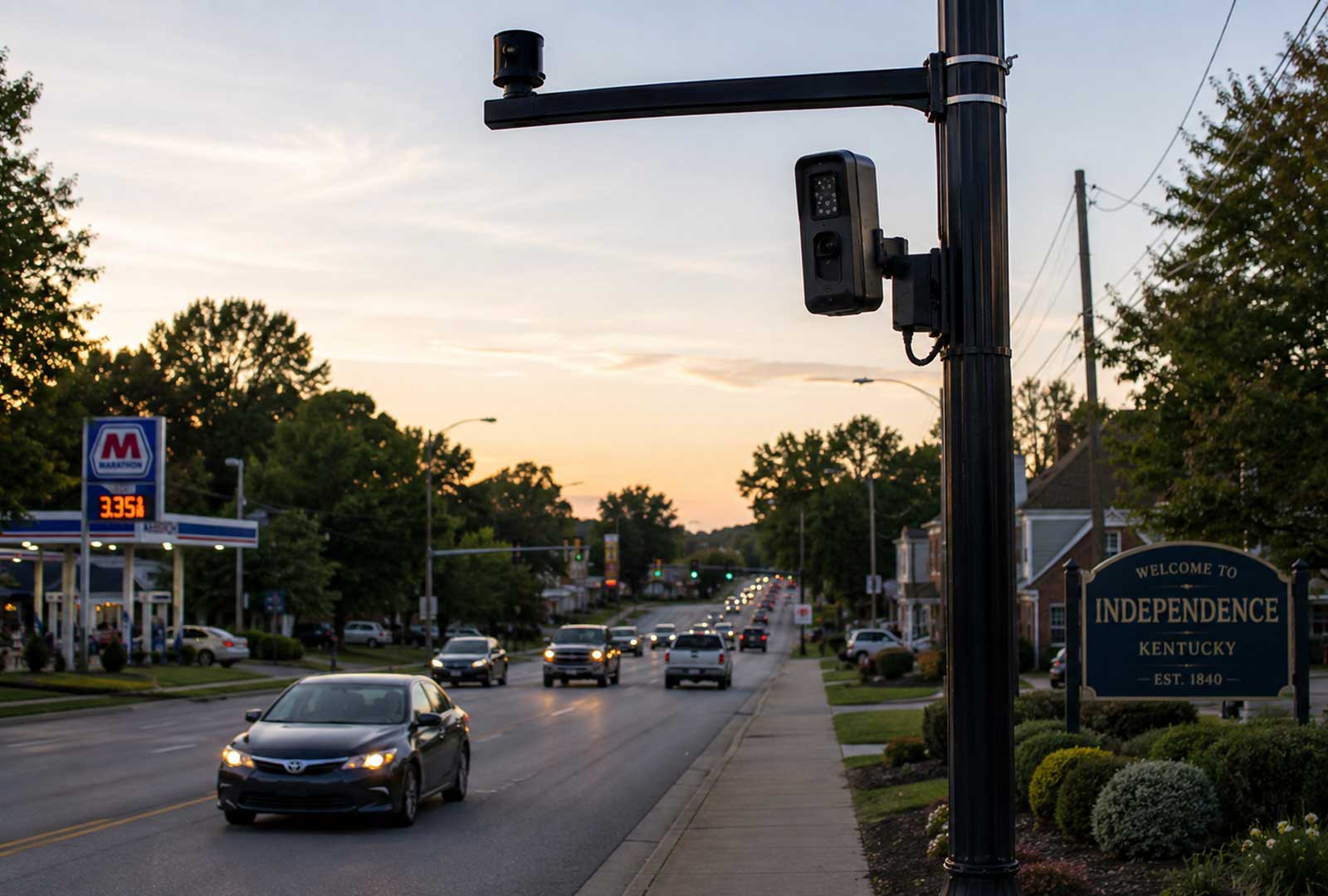 Automated license plate reader camera mounted above a suburban roadway in Northern Kentucky as vehicles travel through the corridor at sunset.