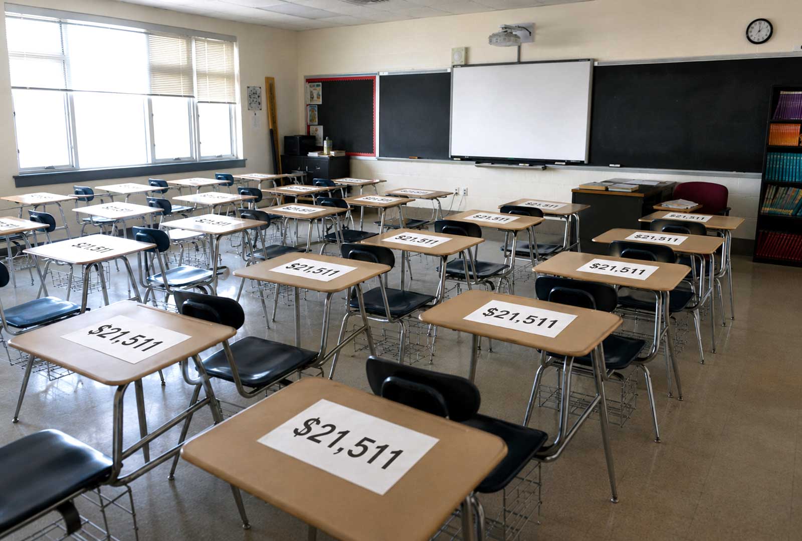 CPS per-pupil spending illustrated by an empty classroom with each student desk displaying the district's reported $21,511 annual operating expenditure per student.