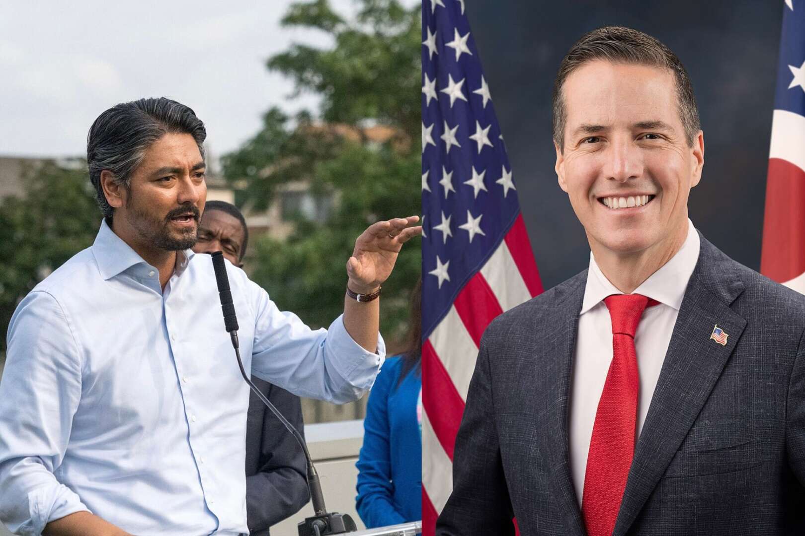 Mayor Aftab Pureval and Sen. Bernie Moreno during separate public appearances as Cincinnati officials respond to a federal funding dispute.