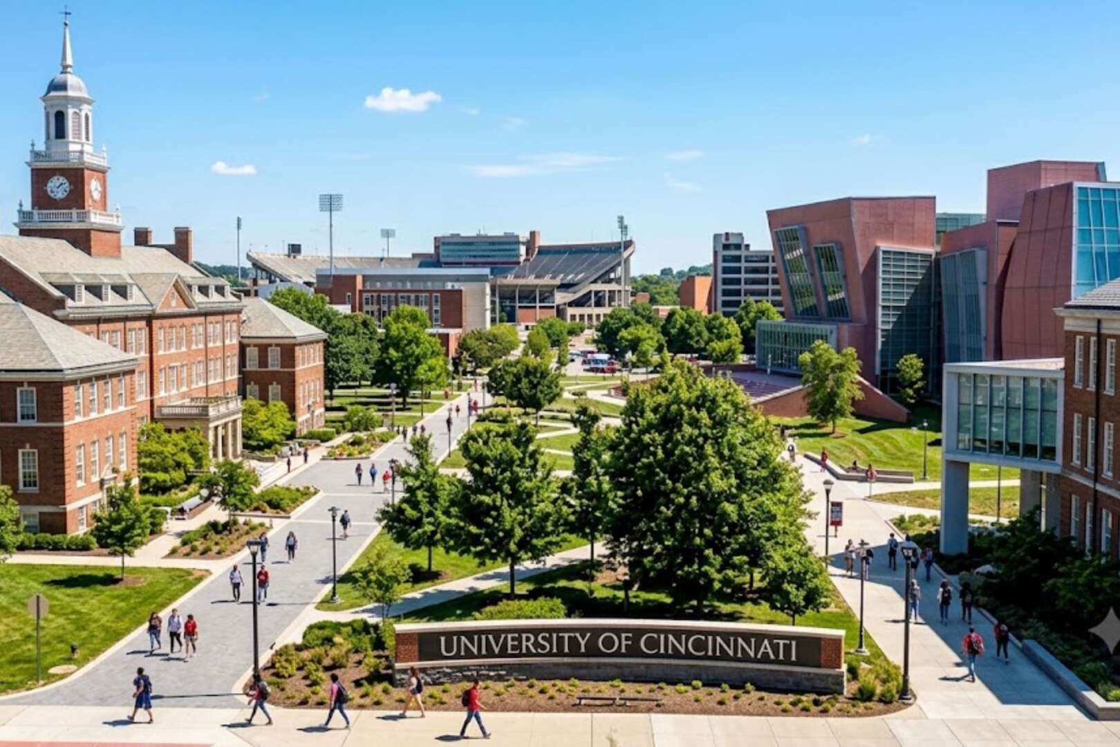 An aerial view of the University of Cincinnati campus on a sunny day, featuring students walking along tree-lined pathways near large brick buildings.