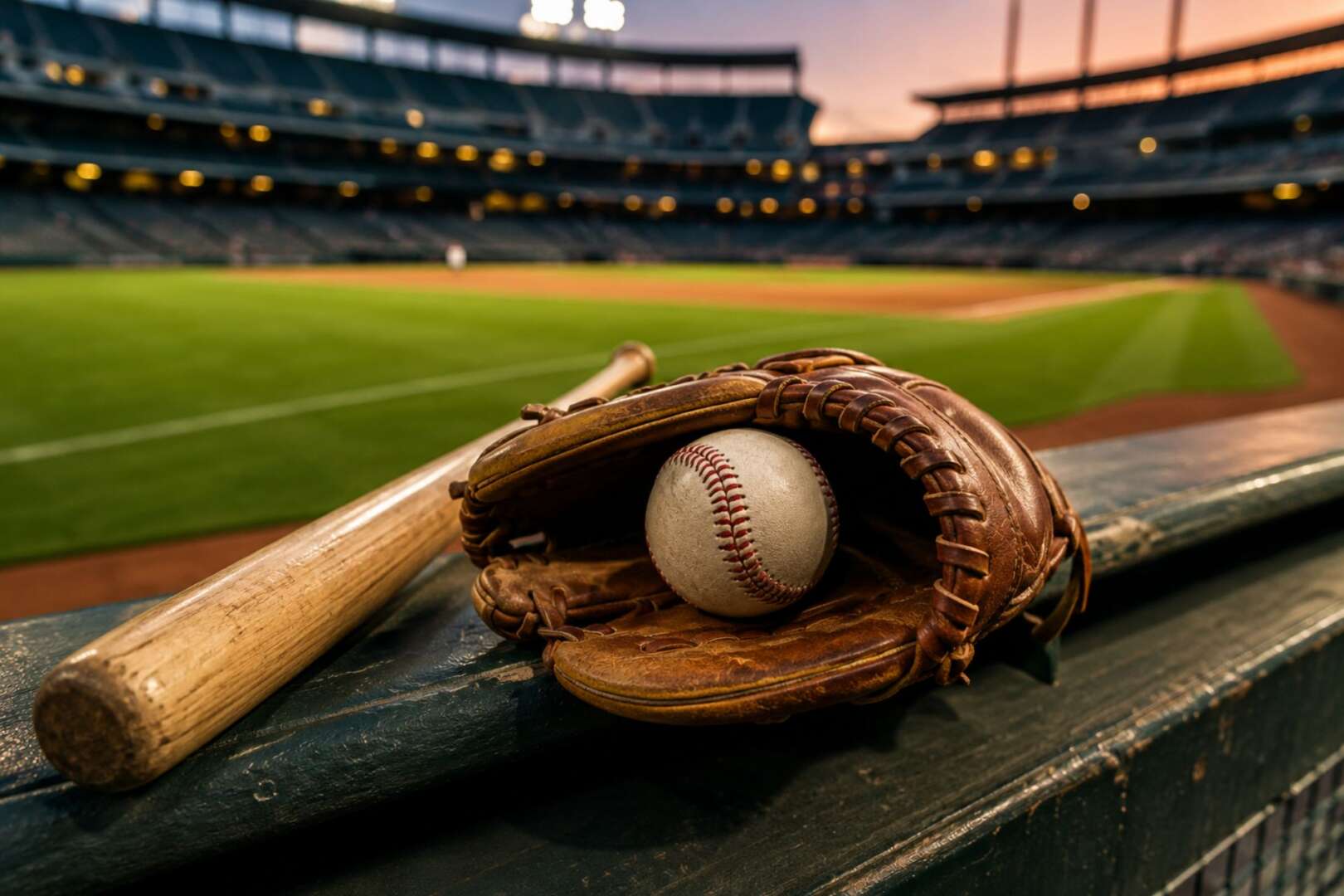 A leather baseball glove holding a ball next to a wooden bat on a dugout railing, with a softly blurred stadium in the background.