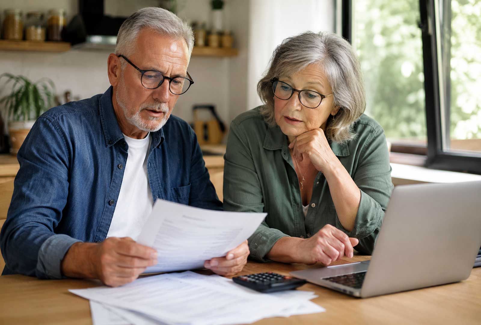 Older couple reviewing financial documents and the Working Families Tax Cuts information at home before filing their federal taxes.