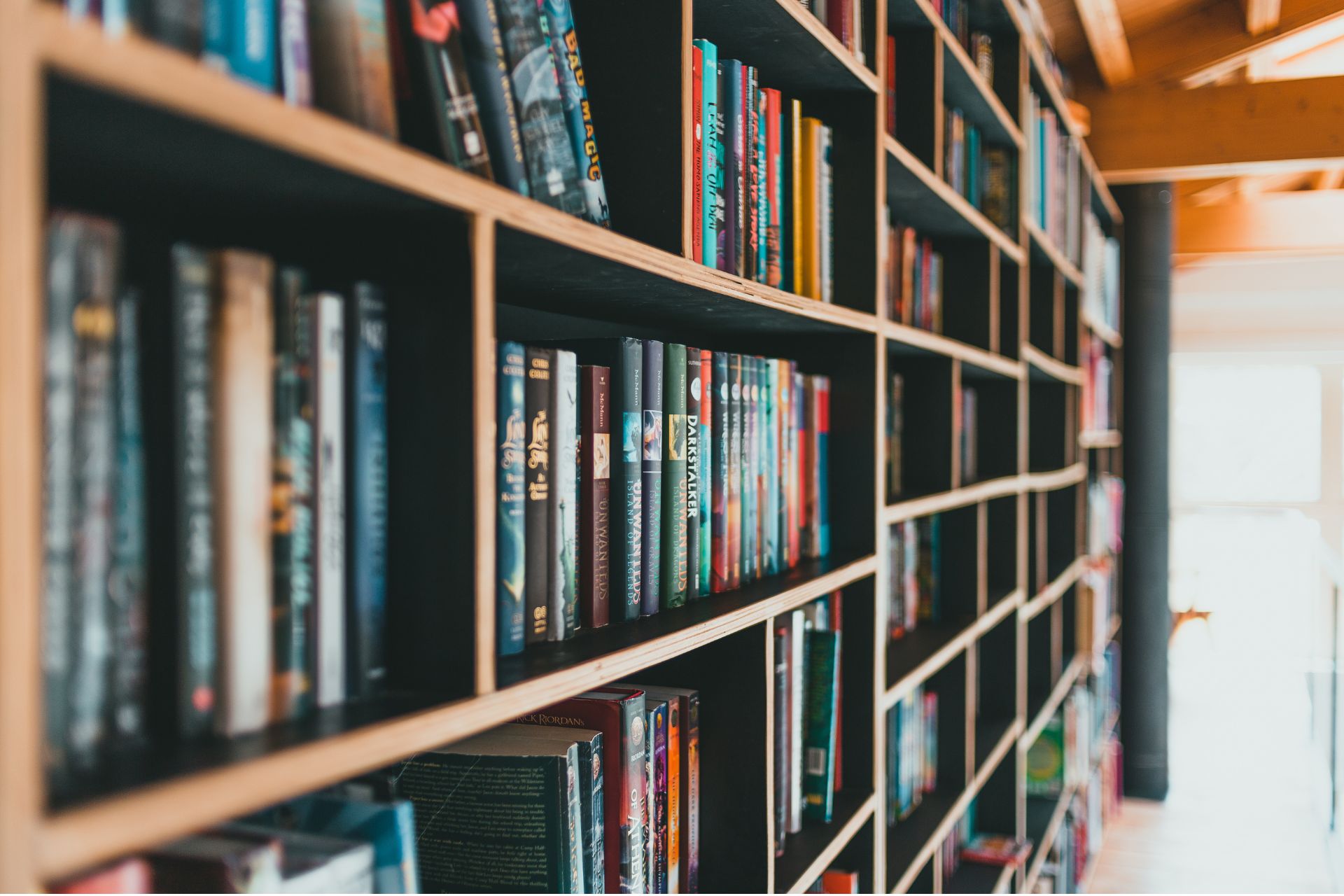 Wooden bookshelves filled with books, representing the Cincinnati library system's Delhi Township branch.