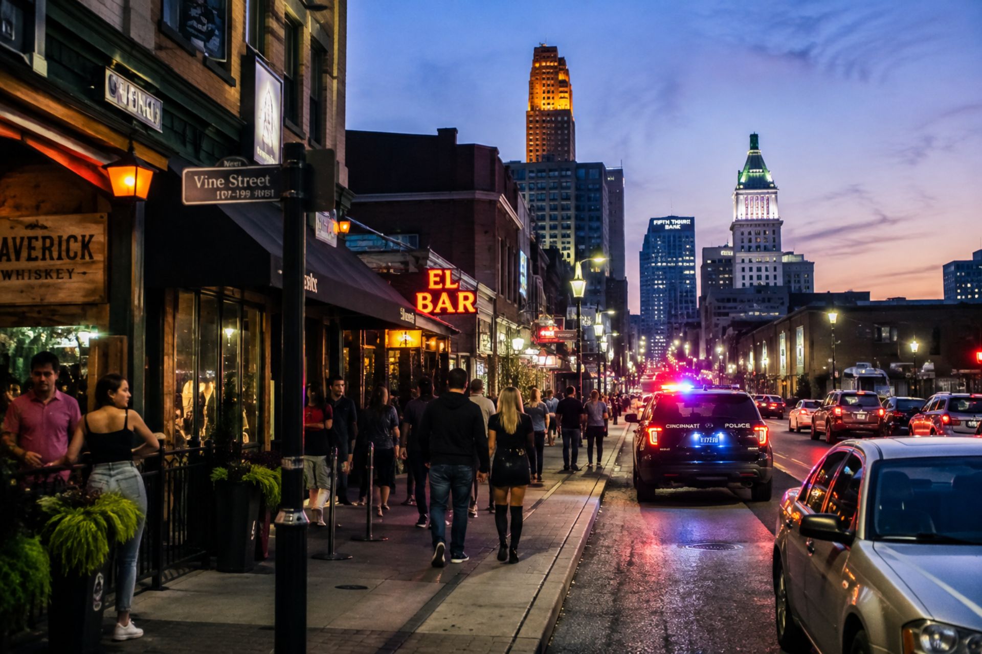 Busy city street at night showing pedestrians, illuminated storefronts, and a police cruiser with flashing lights in the distance.