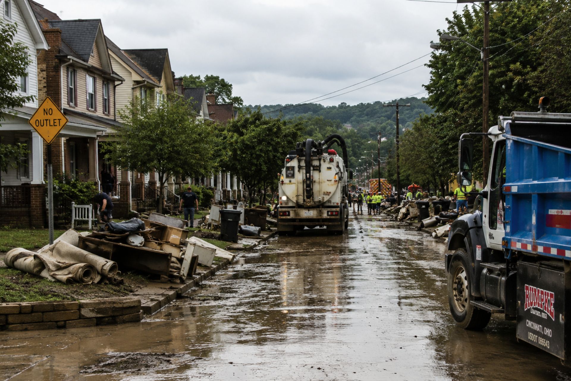 Utility trucks navigate a muddy residential street filled with debris during flood recovery efforts.