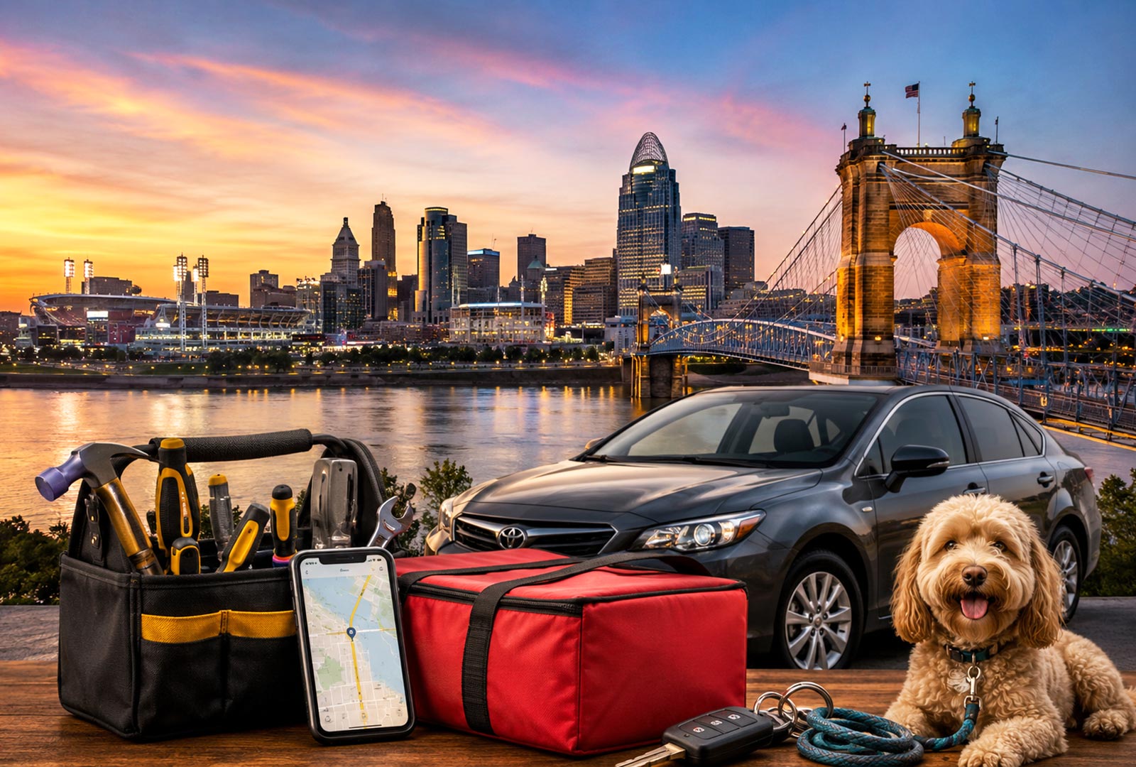 Cincinnati side hustle options including rideshare, delivery, pet sitting and skilled work overlooking the Cincinnati skyline.