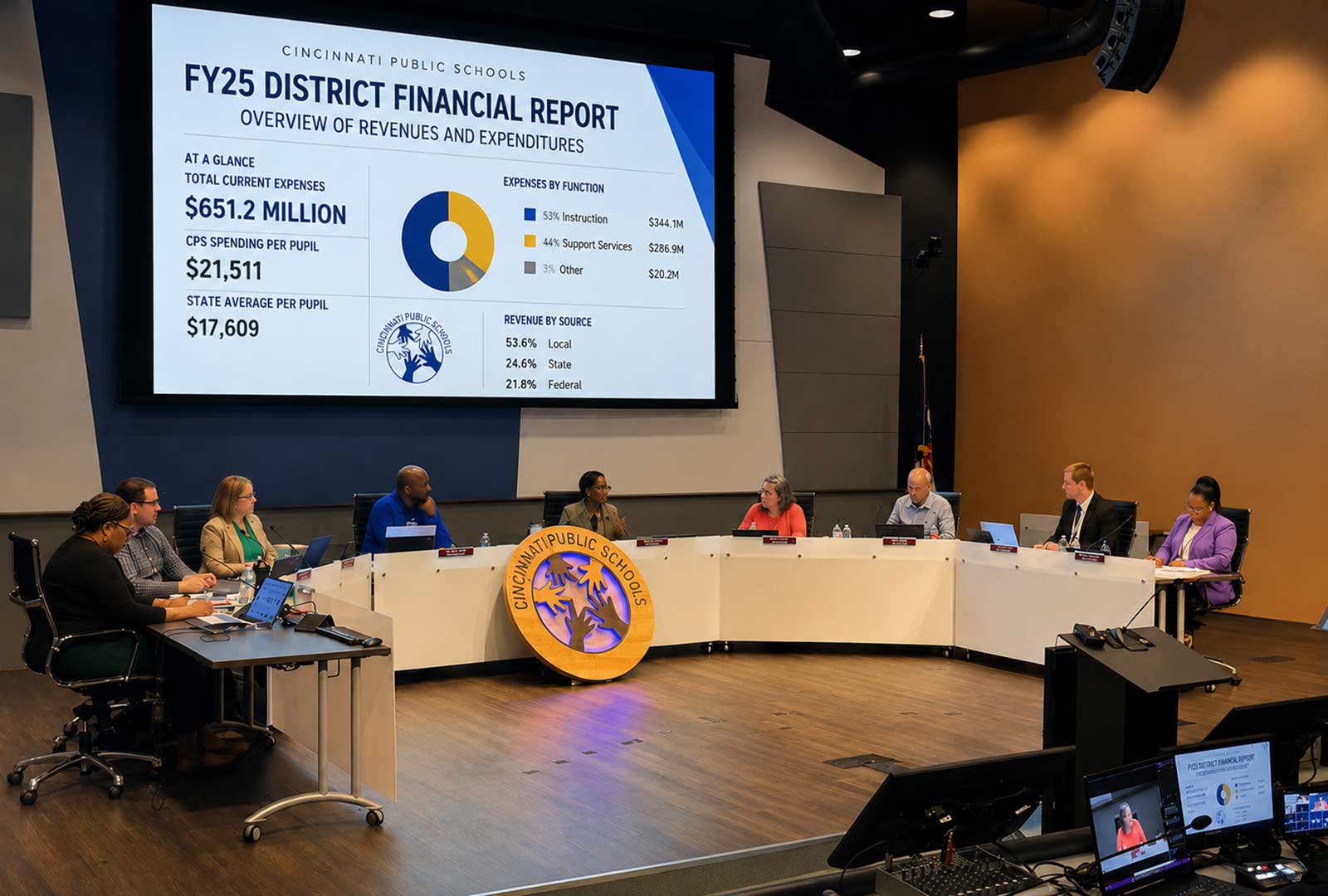 CPS spending per pupil discussed during a Cincinnati Public Schools Board of Education meeting as members review district financial information and budget data.