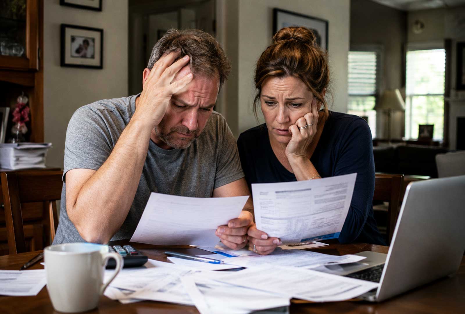 A stressed couple reviews a Hamilton County property tax bill and household expenses at their dining room table.