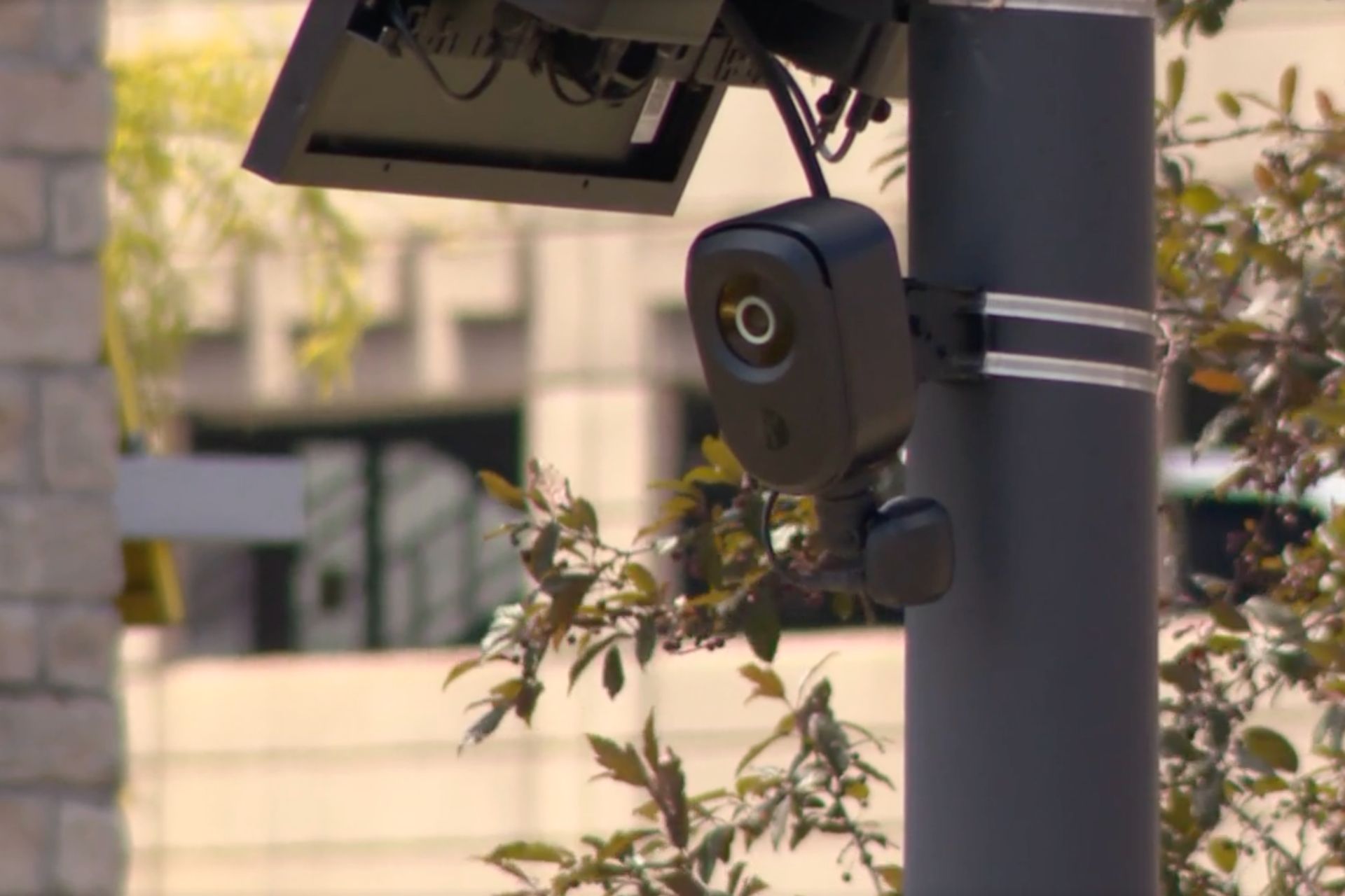 A black Flock Safety license plate reader camera mounted on an outdoor pole.